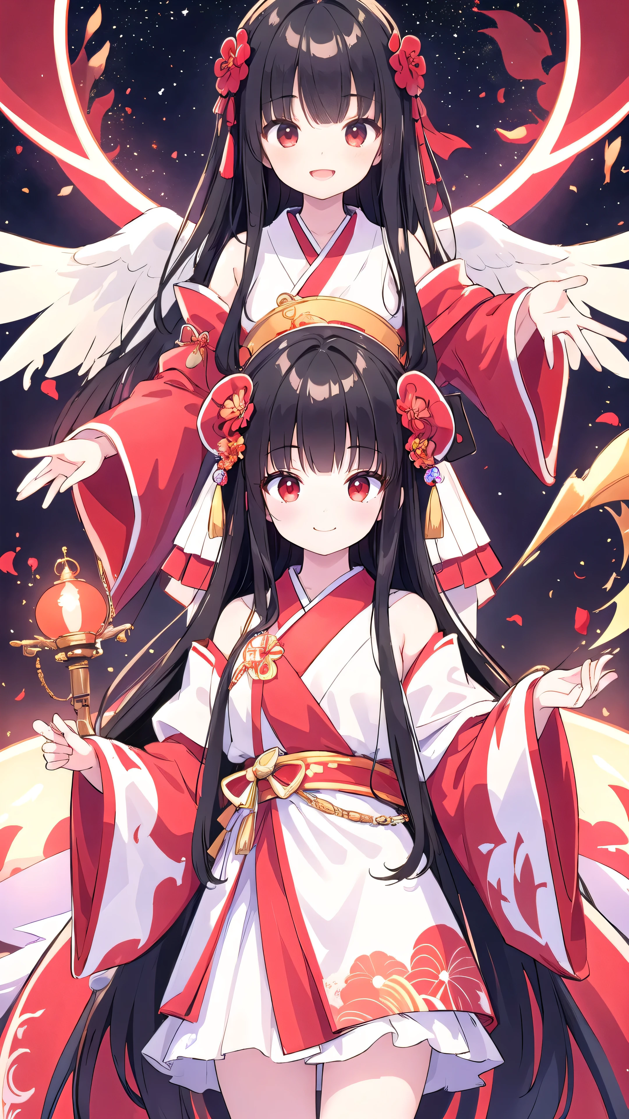 High-quality images,masterpiece,8K wallpapers incorporating detailed CG,Two Girls,,Baby Face,bemile,pale black hair,Realistic,pale black hair,A gorgeous shrine maiden costume in white and red colors,Long Hair、Straight bangs、