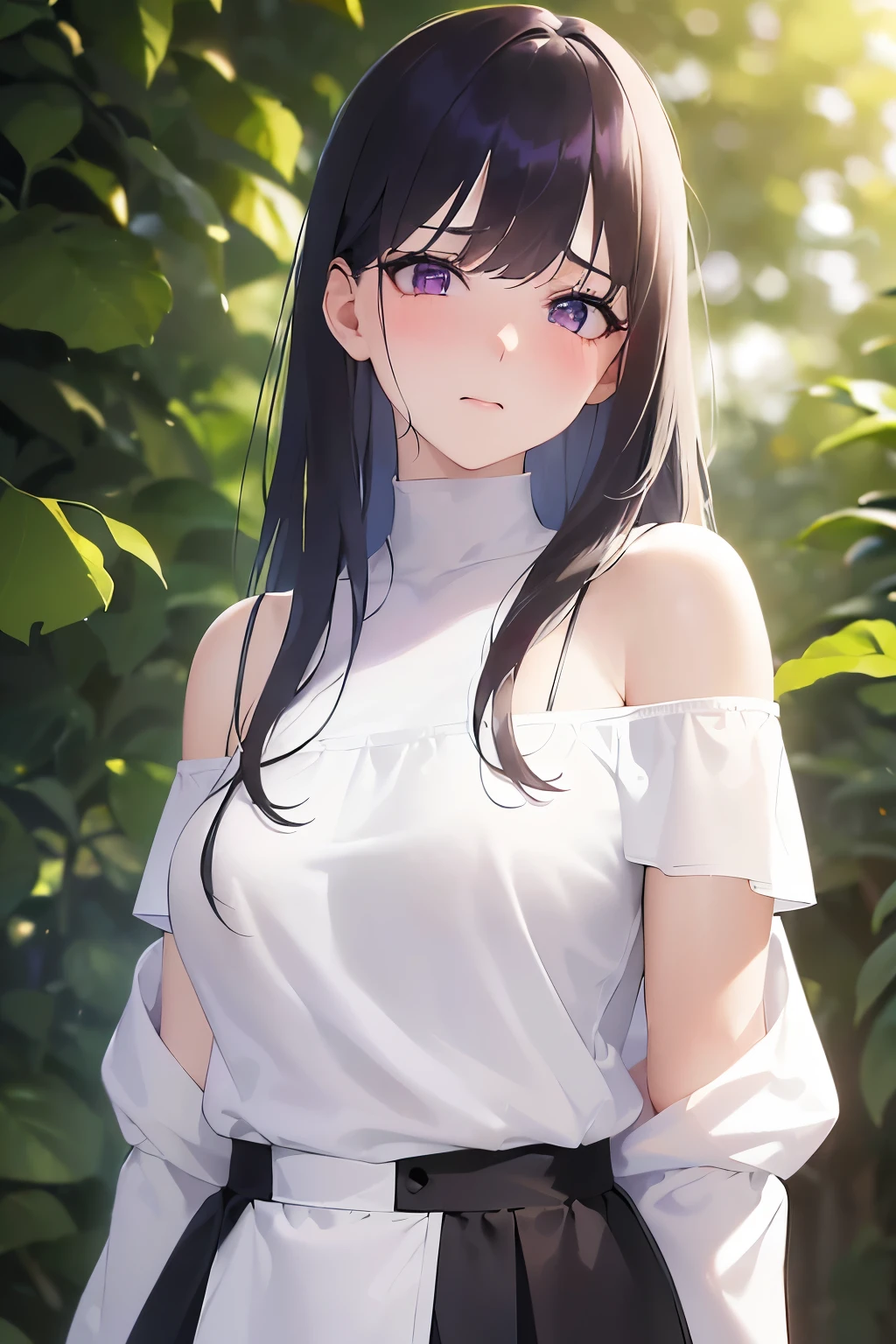 side angle、 looking down, upper body, Realistic, real person, (pale skin: 1.2), (RAW photo:1.5), photorealistic, shiny skin, shiny hair、(A 25-year-old woman with straight hair and bangs) and (medium hair) and (black hair) and (purple eyes), (white:1.5) and (off shoulder blouse:1.2), (embarrassed, blush:1.2), The background is a park、alone、Are standing
