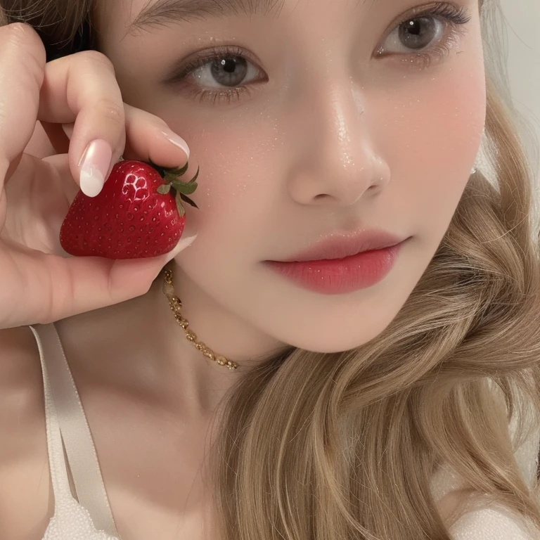 Woman staring into the camera with sexiness, eating a strawberry, juicy, sexy, hot lips