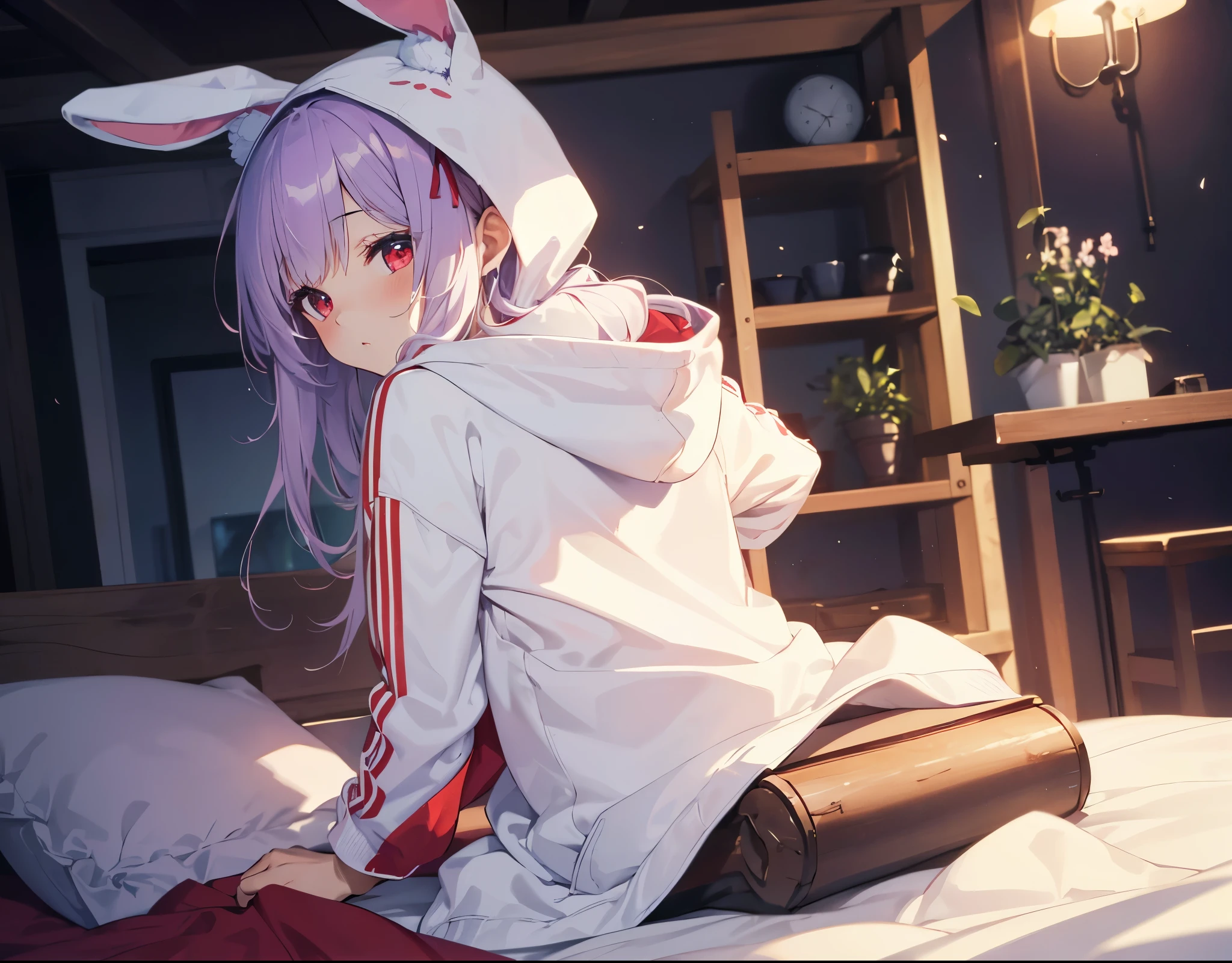 (Close-up:1.3),Realistic,highest quality, Ultra Detail, High-quality CG rendering, The most delicate and beautiful, Floating softly, High resolution, (1 girl), (Highest quality,4K,8K,masterpiece:1.2), Light purple hair,Rabbit,(Bunny ears:1.5),(Long Hair:1.2),Red eyes,(White oversized hoodie:1.3),Inside the room,bed,(bedで寝る:1.4),Falling,(Prone:1.5),Sleep,(Turn your back to your audience:1.3)