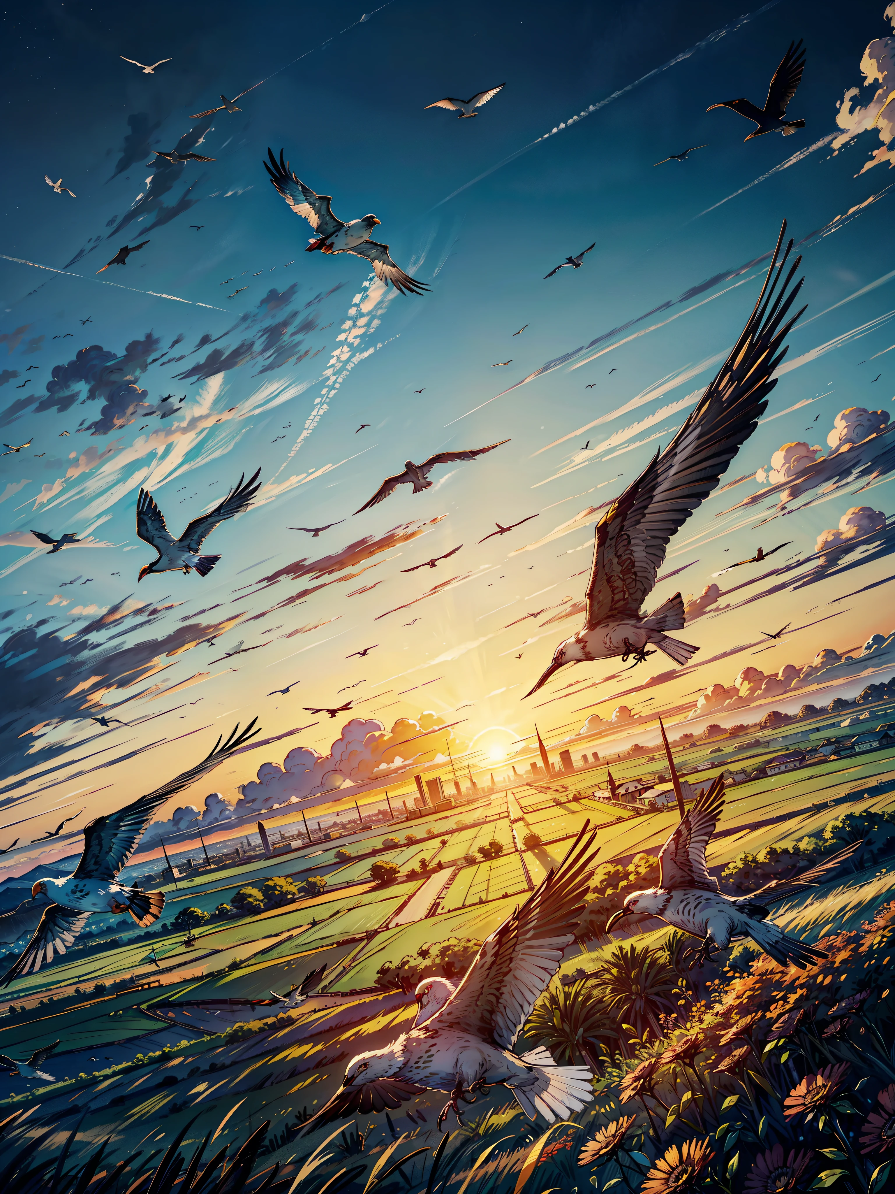 a painting of a flock of birds flying over a field at sunset, atmospheric dreamscape painting, atmospheric painting, birds on sky, birds flying in the distance, birds in the sky, birds f cgsociety, sunrise background, birds flying, pterosaurs flying, birds flying in the sunlight, by Terry Redlin, mystical birds, birds flying away, flock of birds