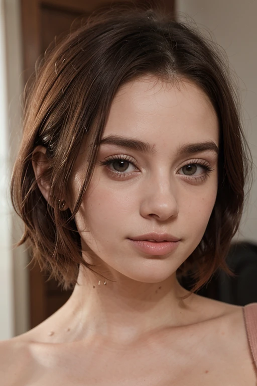 Captura la esencia de una escena cautivadora: where a beautiful 20 year old woman, of small stature, con el cabello corto adornado con puntas rosadas. evoking the aesthetics of celebrities such as Lily Collins and Ana de Armas, conocidas por sus distintivos peinados rosados. Su cabello, a fusion of bright and pastel tones, cae alrededor de ella, creating an ethereal aura that enhances your beauty. con ropa pegada y cuerpo completo