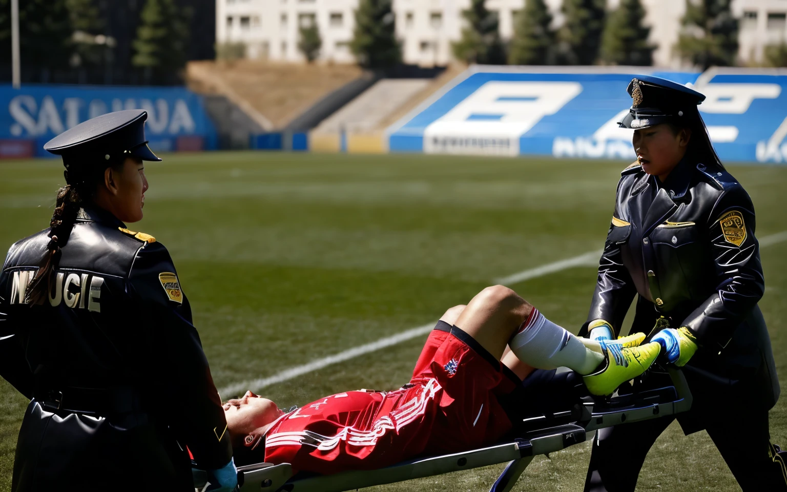 A scene at a soccer stadium in Mongolia, There is an attractive and heavily made-up Mongolian female police officer in a long black leather coat, A Mongolian female police officer in a shiny black leather coat on a soccer field, A Mongolian female police officer is holding a stretcher, A man is lying on the soccer stadium his back with his torso on the right in matt and roughened white and red sportswear on a stretcher, a man lies on a stretcher and has his left arm bent over his face, we only see the torso and thighs of the male athlete who is being carried with the stretcher to the left off the picture, the man lies on his back on the stretcher and covers his face with his bent left arm, the mongolian policewoman is exceptionally heavily made up and has an extremely desperate and very angry expression on her face, high-resolution photo, realistic sports photo, soccer scene, mongolia, mongolian policewoman, uniformed woman in black shiny long leather coat, injury scene, real photo, ultra realistic, high definition, sports photography