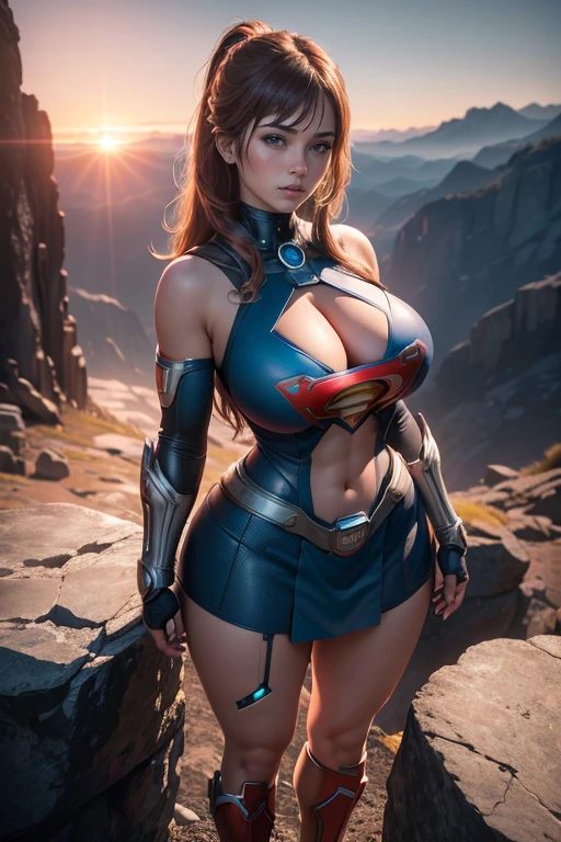 Photograph, (ultra high res, best quality), (8k, raw photo, best quality, masterpiece), technological sense, best quality, masterpiece, illustration,CG ,unity ,wallpaper, official art, Amazing, finely detail, an extremely delicate and beautiful,extremely detailed, highly detailed, sharp focus,rich background, detail,photorealistic, camera from front 4:19 angled up, cyborg supergirl, (full body:1.2), ((Standing in the middle TOP OF A HIGH ROCKY MOUNTAIN, SUNSET, BLUE SKY,)), (huge breasts:1.2),