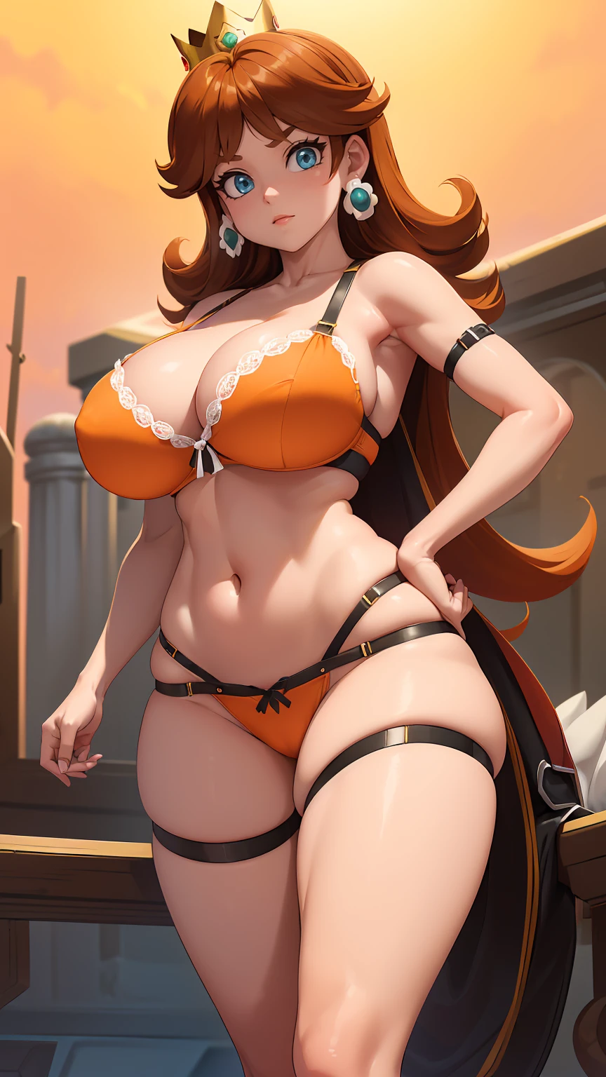 (best quality). (Ultra Detalhado). (1girl), Olhando para o Viewer. (Antecedentes detalhados). belos olhos detalhados. rosto delicado e bonito. (high saturation), seios grandes, droopy breasts, brown hair, crown, (((orange bra with straps))), (((long legs))), (((gigantic breasts))), 