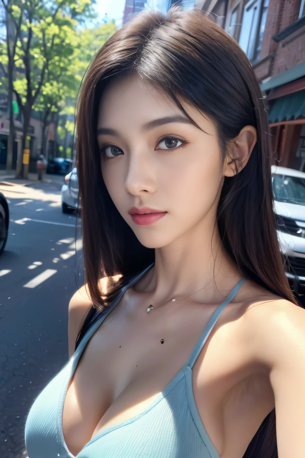 ((Realistic lighting, best quality, 8k, masterpiece:1.3)), Clear focus:1.2, 1 girl, Beautiful Women in Perfect Shape:1.4, Slim abdominal muscles:1.1, ((Dark brown hair)), (White short top:1.4）,（Outdoor，Beach：1.1），City Streets，Ultra-thin face，Beautiful eyes，double eyelids，huge 