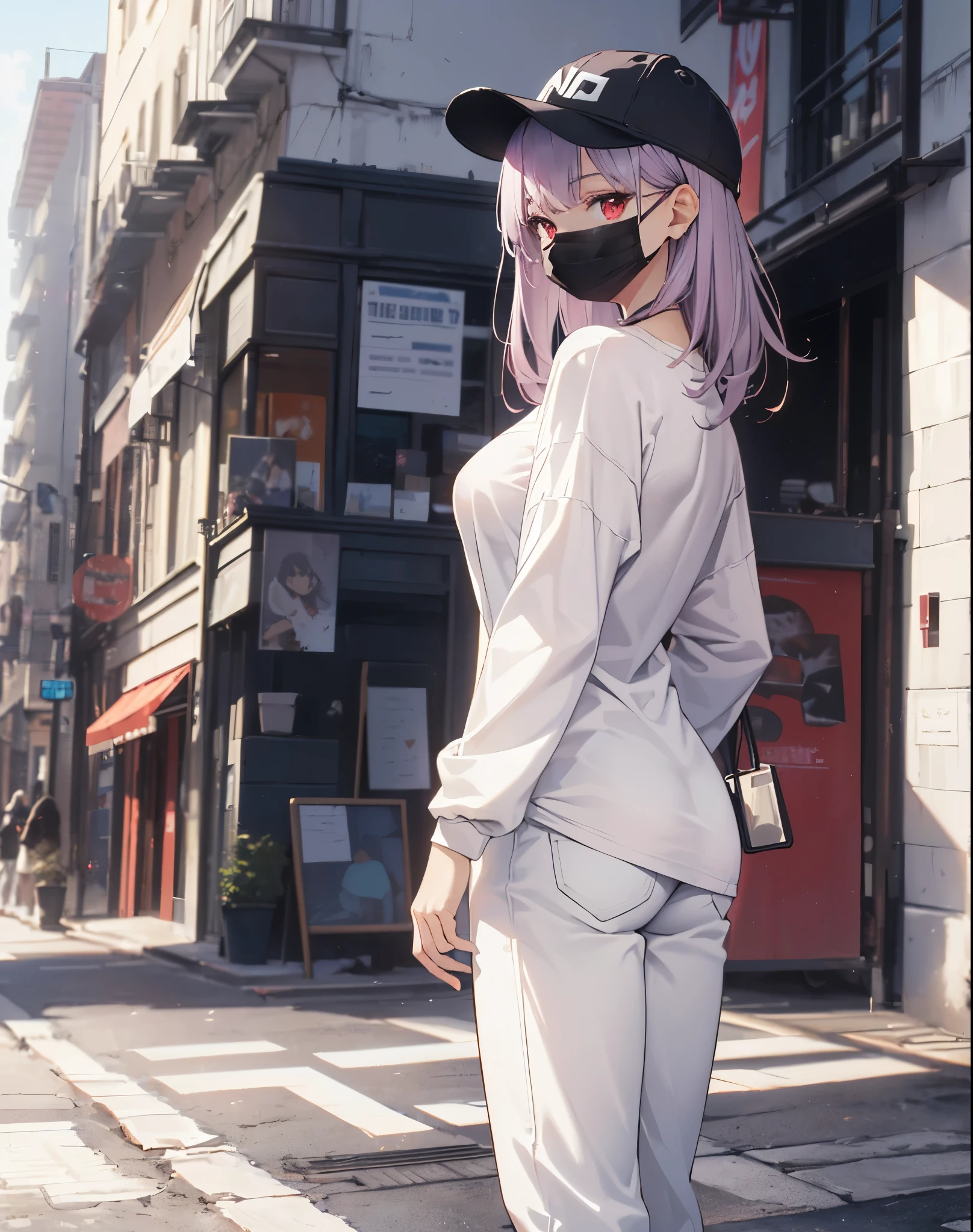 Realistic,highest quality, Super detailed, High-quality CG rendering, The most delicate and beautiful, Floating softly, High resolution, (1 female), (highest quality,4K,8k,masterpiece:1.2), Light purple hair,Long Hair,Red eyes,(Slightly larger breasts:1.5),(White oversized long sleeve T-shirt:1.3),(Black oversized pants:1.3),(White cap:1.3),In the city,old buildings,(Black Mask:1.4),(whole body:1.3),(Sandals:1.2),(Turn your back to your audience:1.3),Ass