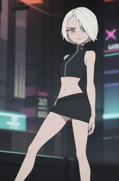 (dark theme:0.6), Glucose, 1 girl, mature face, One, short hair, in a short black sleeveless dress, sexuality, long legs, high growth, Sun, wound, 1.2), White hair, pomade, decrease,  I look at the viewer, Grey eyes, blurred, crop top, (cyberpunk:1.3)(HDR:1.22), muted colors, complex background, hyper-detailed, Art [[Jordan Grimmer]]