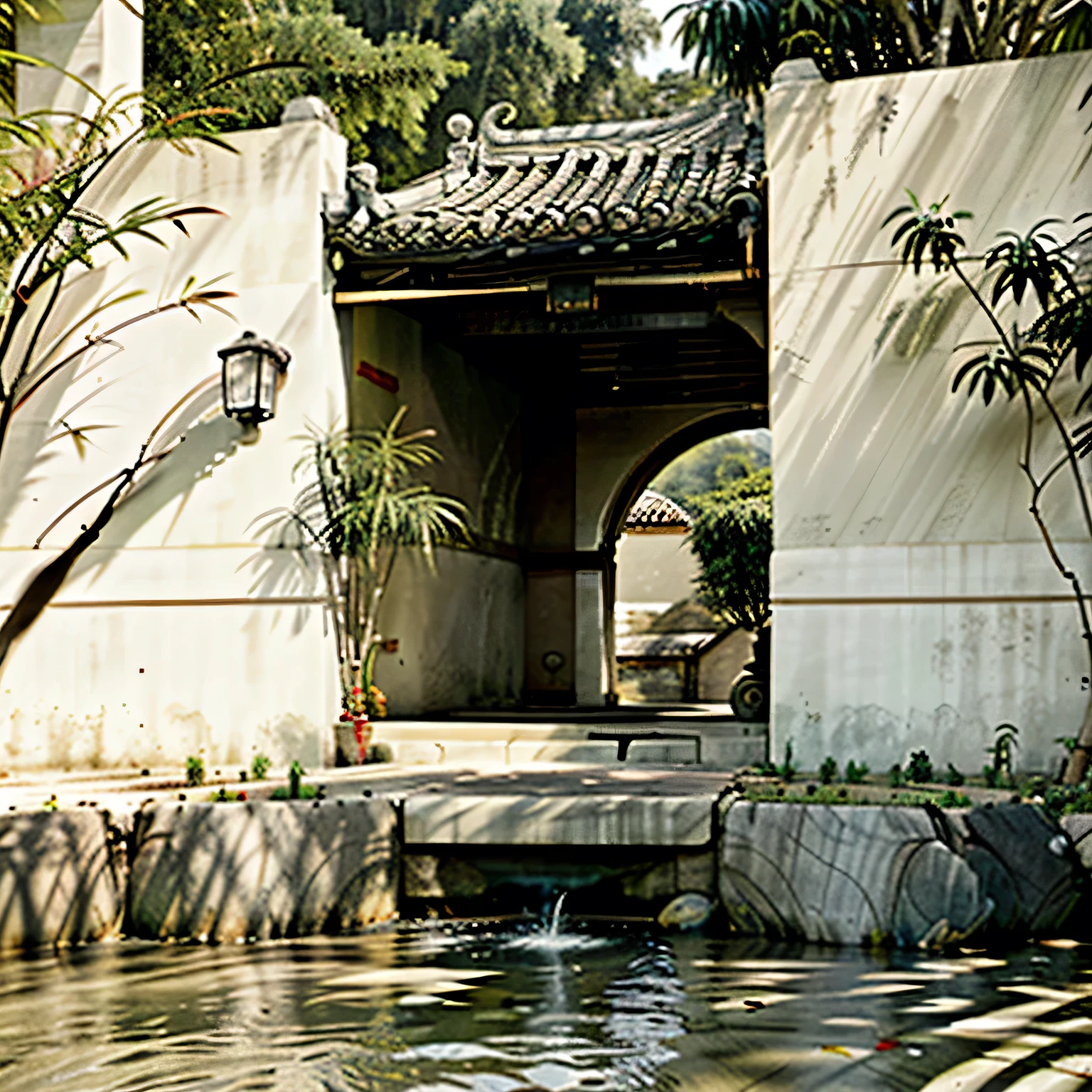 Cyber，Residence，Hui-style architecture，Jiangnan，China，watercourse，Stone Bridge，Running Water，White Wall，sunny，Reasonable architecture，Chinese Architecture，HD，Black tiles，Bamboo Leaves