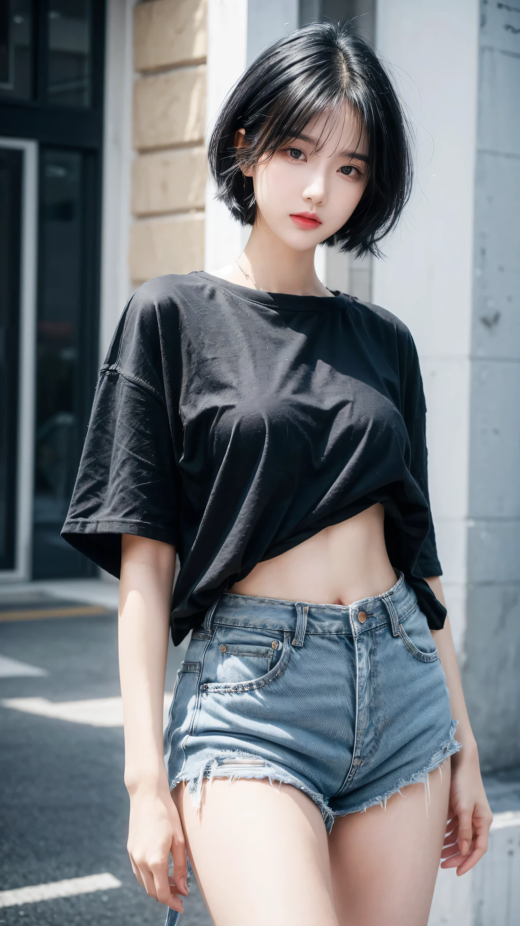 best quality, 1 Girl, dark blue hair, black eyes, Very short hair, Spiky hair, oversize t-shirt pinky, High waist short jeans, 171 cm, Messy hair, Hair between the eyes, Medium breasts, full, Tomboy, aldult, 20 years old, 1 Girl