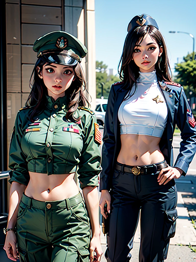 Women in crop top Army Instructor uniform, soldier hat, military Shirt brooch,  exposed abdomen area, very low waist cargo pants, holding a wand,  realistic navel