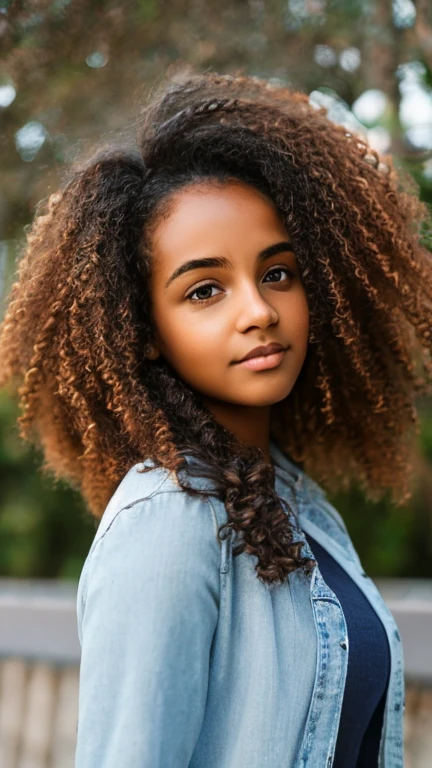 Brown girl, 19 years old, voluminous frizzy and curly hair, sad eyes, large forehead, medium breasts, casual clothes, 1.60 meters tall.