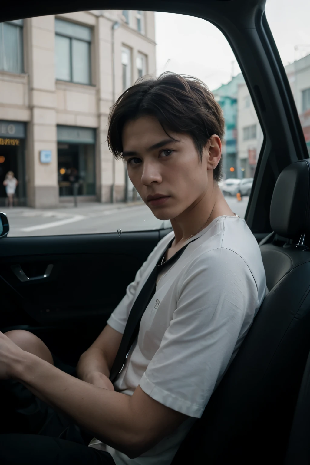 ((best quality)), ((masterpiece)), (Cinematic Aesthetic:1.4) Photo of a beautiful korean fashion male model short hair, driving car, car window moscow