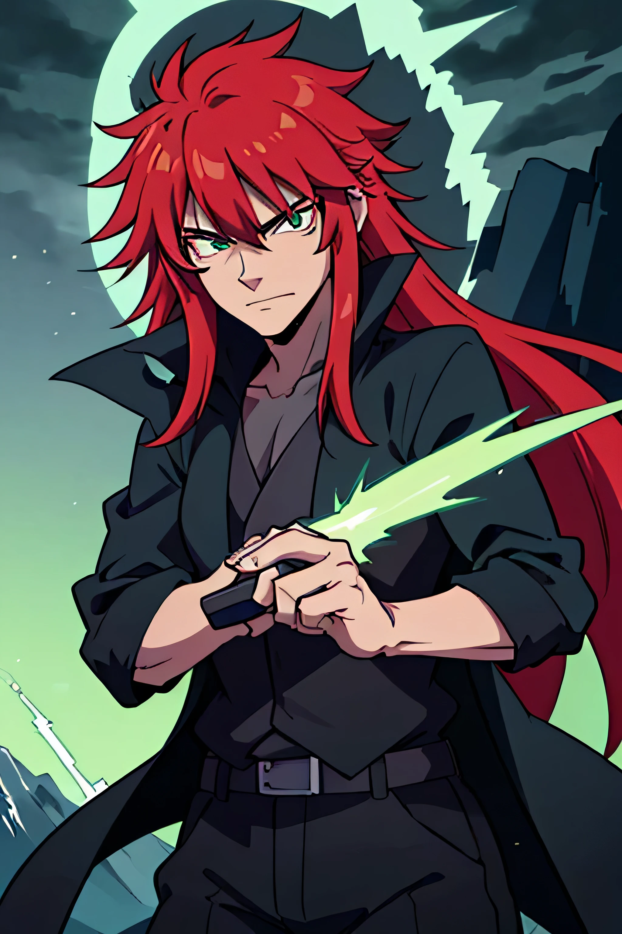 Male ninja, highly detailed, masterpiece, best quality, correct hands, long red hair, long hair, correct eyes, green eyes, bright green eyes, ((black pants, black cloak, black shirt, black vest,)) smug look, mountain background, storm, lightning, stormy atmosphere, surrounded by lightning, green lightning, green static sparks,