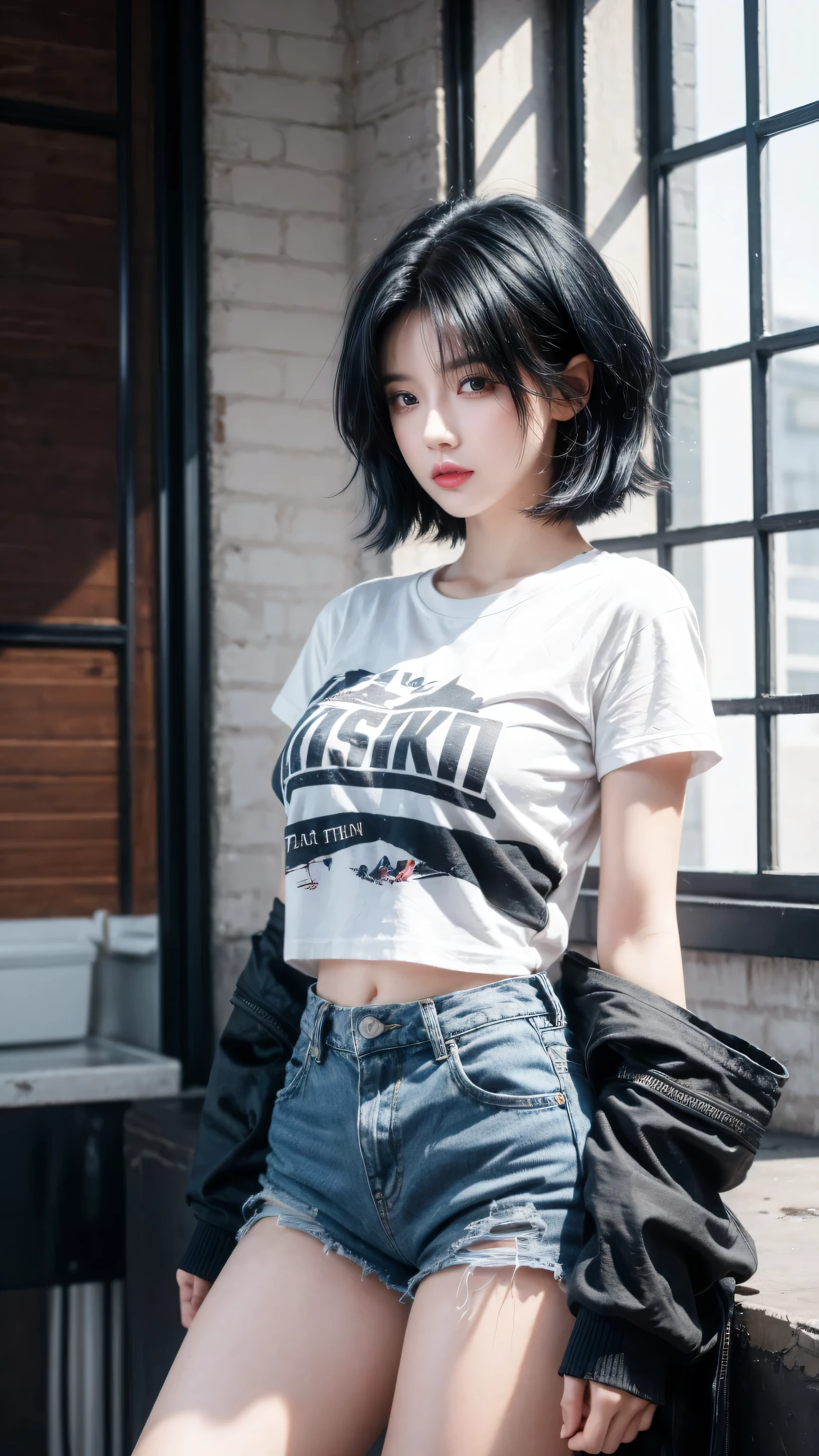 best quality, 1 Girl, dark blue hair, black eyes, Very short hair, Spiky hair, oversize t-shirt black, High waist short jeans, 171 cm, Messy hair, Hair between the eyes, Medium breasts, full, Tomboy, aldult, 20 years old, 1 Girl