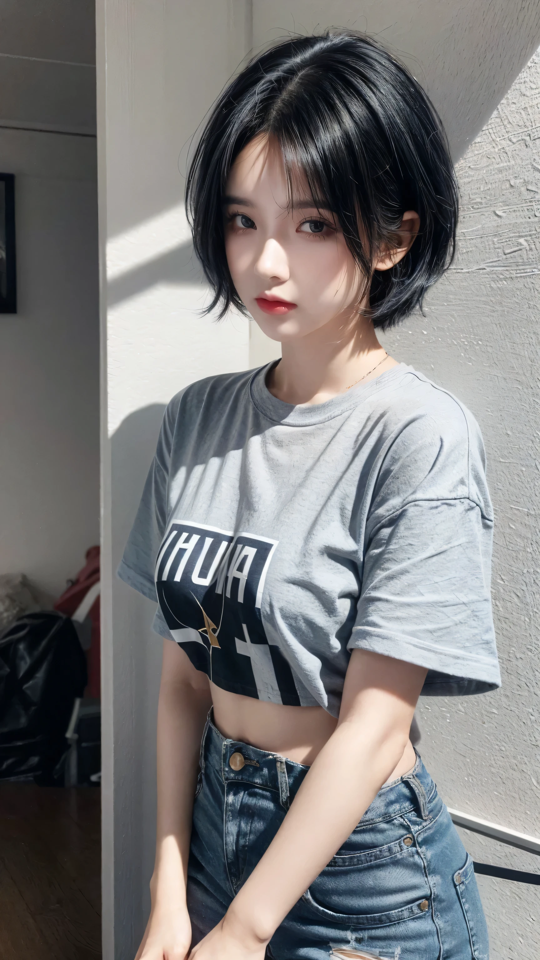 best quality, 1 Girl, dark blue hair, black eyes, Very short hair, Spiky hair, oversize t-shirt black, High waist short jeans, 171 cm, Messy hair, Hair between the eyes, Medium breasts, full, Tomboy, aldult, 20 years old, 1 Girl