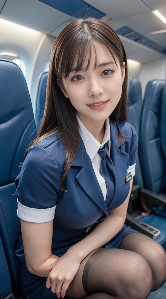 (8K, best quality, masterpiece:1.2), (realistic, photo-realistic:1.37), (high color saturation:1.0), (highly detailed skin), (highest quality:1.0), (ultra high resolution:1.0) ,(realistic:1.0), (Super detailed:1.0), (8K, Raw photo:1.1)、standing random pose, smiling, natural breast, perfect lighting, 3girls, 22years old, (mysterious), clear and detailed, ((ANA_Cabin Crew, blue flight attendant_uniform)), black pantyhose, (aircraft, aircraft seats), cute face, squat , (pick up handkerchief),