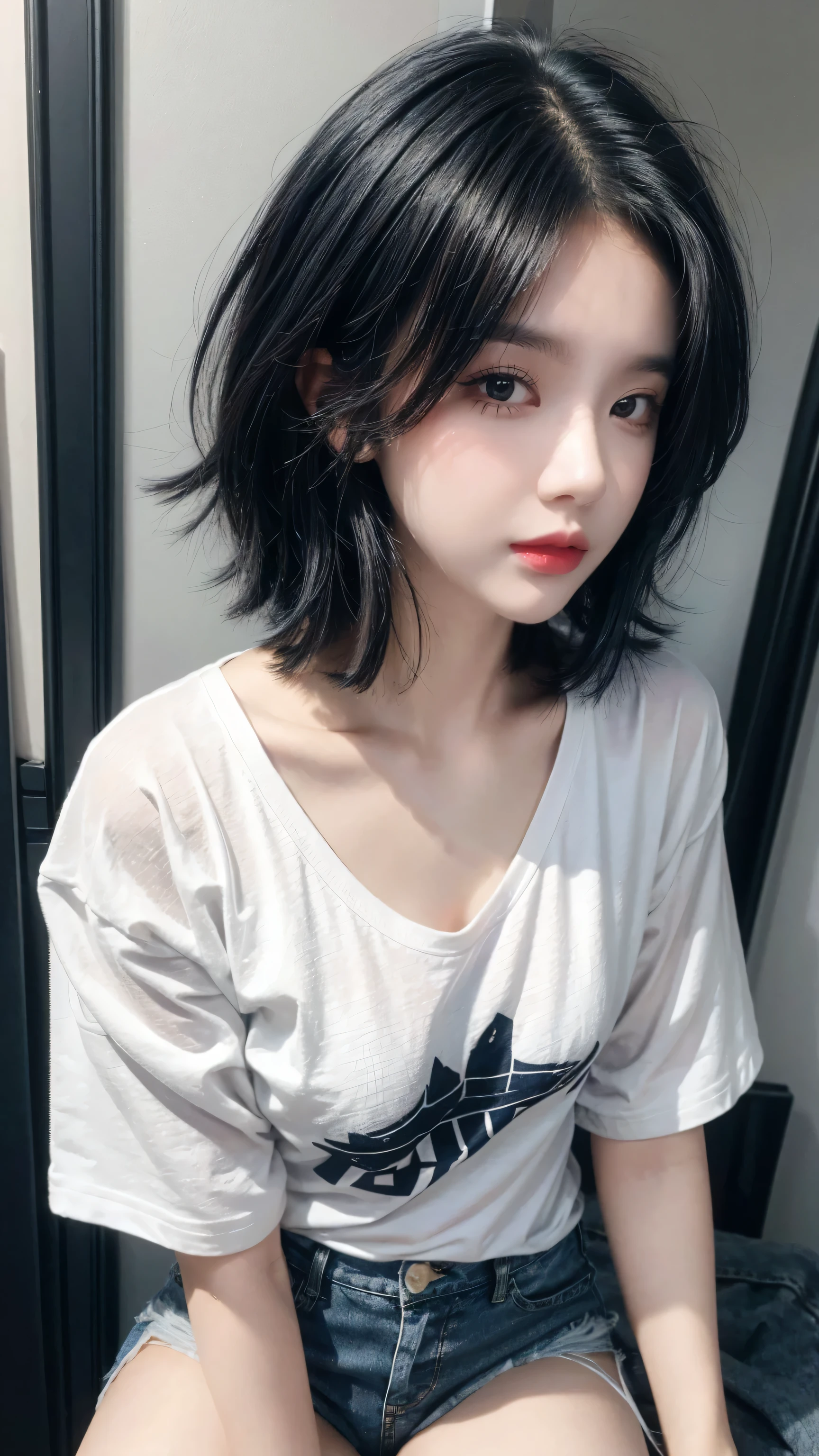 best quality, 1 Girl, dark blue hair, black eyes, Very short hair, Spiky hair, oversize t-shirt black, High waist short jeans, 171 cm, Messy hair, Hair between the eyes, Medium breasts, full, Tomboy, aldult, 20 years old, 1 Girl
