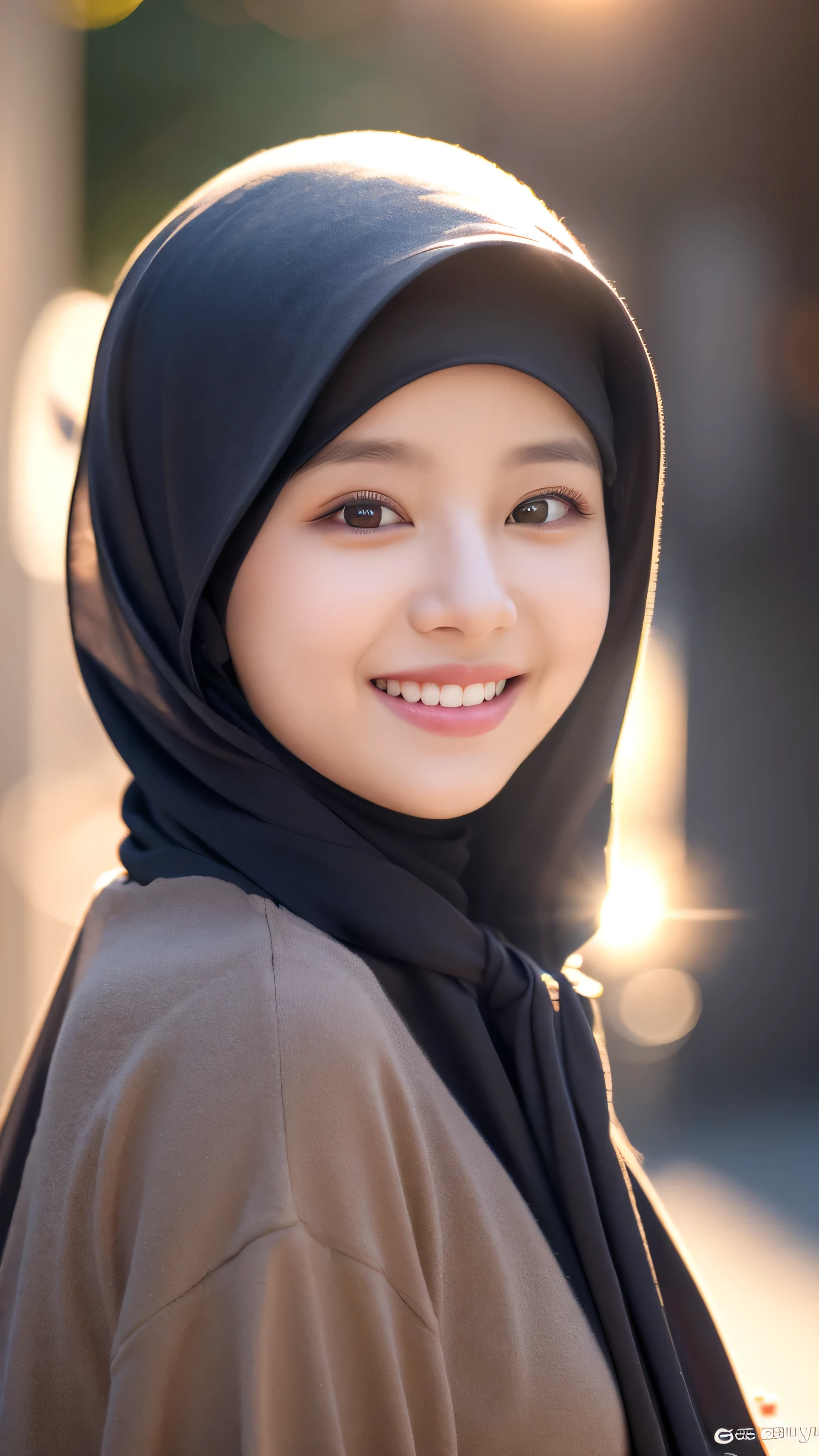 (8k, RAW photo, best quality, masterpiece:1.2), (realistic, photo-realistic:1.37), close shot, one girl, smiling, ulzzang-6500-v1.1, wearing Hijab, professional lighting, photon mapping, radiosity, physically-based rendering.