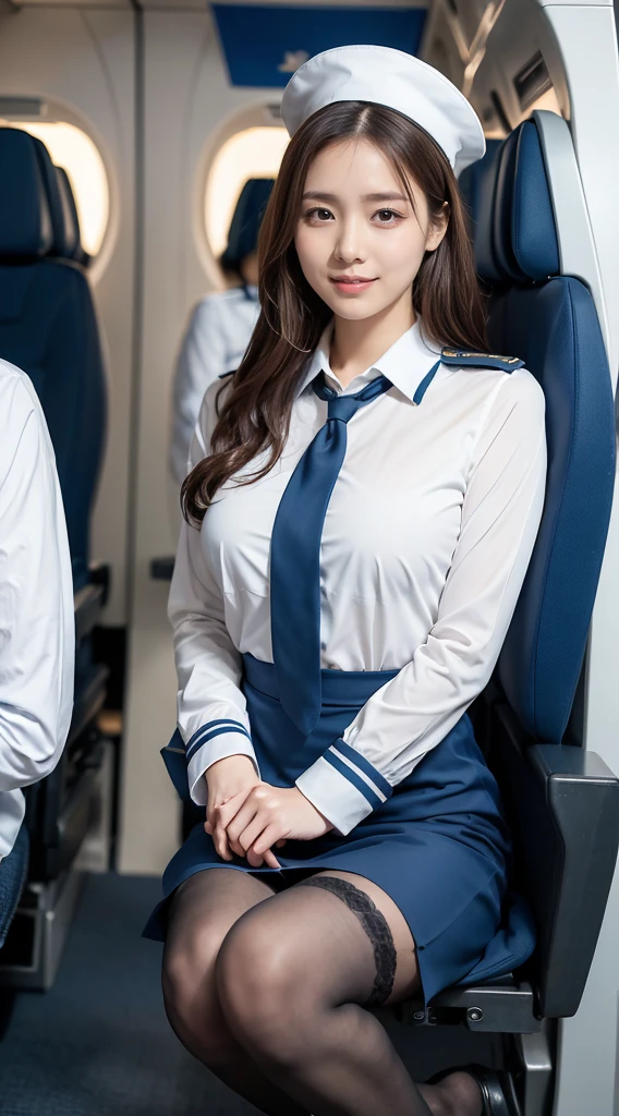  (8K, best quality, masterpiece:1.2), (realistic, photo-realistic:1.37), (high color saturation:1.0),  (highly detailed skin), (highest quality:1.0), (ultra high resolution:1.0) ,(realistic:1.0), (Super detailed:1.0), (8K, Raw photo:1.1)、standing random pose, smiling, natural breast, perfect lighting, 3girls, 22years old, (mysterious), clear and detailed, ((ANA_Cabin Crew, blue flight attendant_uniform)), black pantyhose, (aircraft, aircraft seats), cute face, squat , (pick up handkerchief), white_panties,