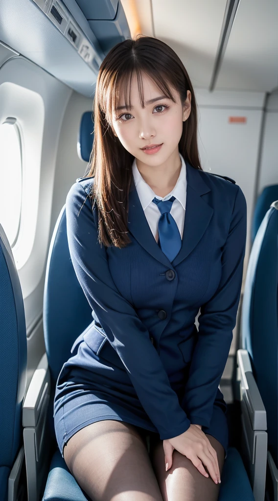 (8K, best quality, masterpiece:1.2), (realistic, photo-realistic:1.37), (high color saturation:1.0), (highly detailed skin), (highest quality:1.0), (ultra high resolution:1.0) ,(realistic:1.0), (Super detailed:1.0), (8K, Raw photo:1.1)、standing random pose, smiling, natural breast, perfect lighting, 3girls, 22years old, (mysterious), clear and detailed, ((ANA_Cabin Crew, blue flight attendant_uniform)), black pantyhose, (aircraft, aircraft seats), cute face, squat , (pick up handkerchief), white_panties,
