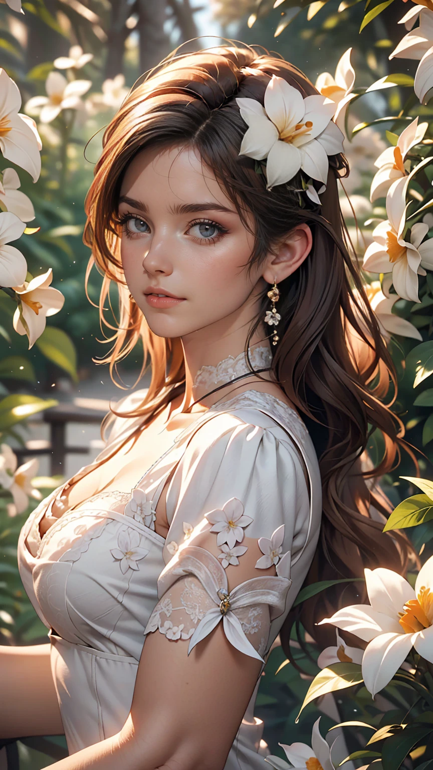 Better Quality,4K,8k,High resolution,Master Parts:1.2),Ultra-detailed,(Realistic,Realistic,Photorealistic:1.37),Portraiture,woman,long flowing hair,Whitish iris,Hollow Gaze,Plump pink lips,White flowers bloom on the tips of her hair,Interesting appearance,Medium Shot,Black Dress.Long delicate legs