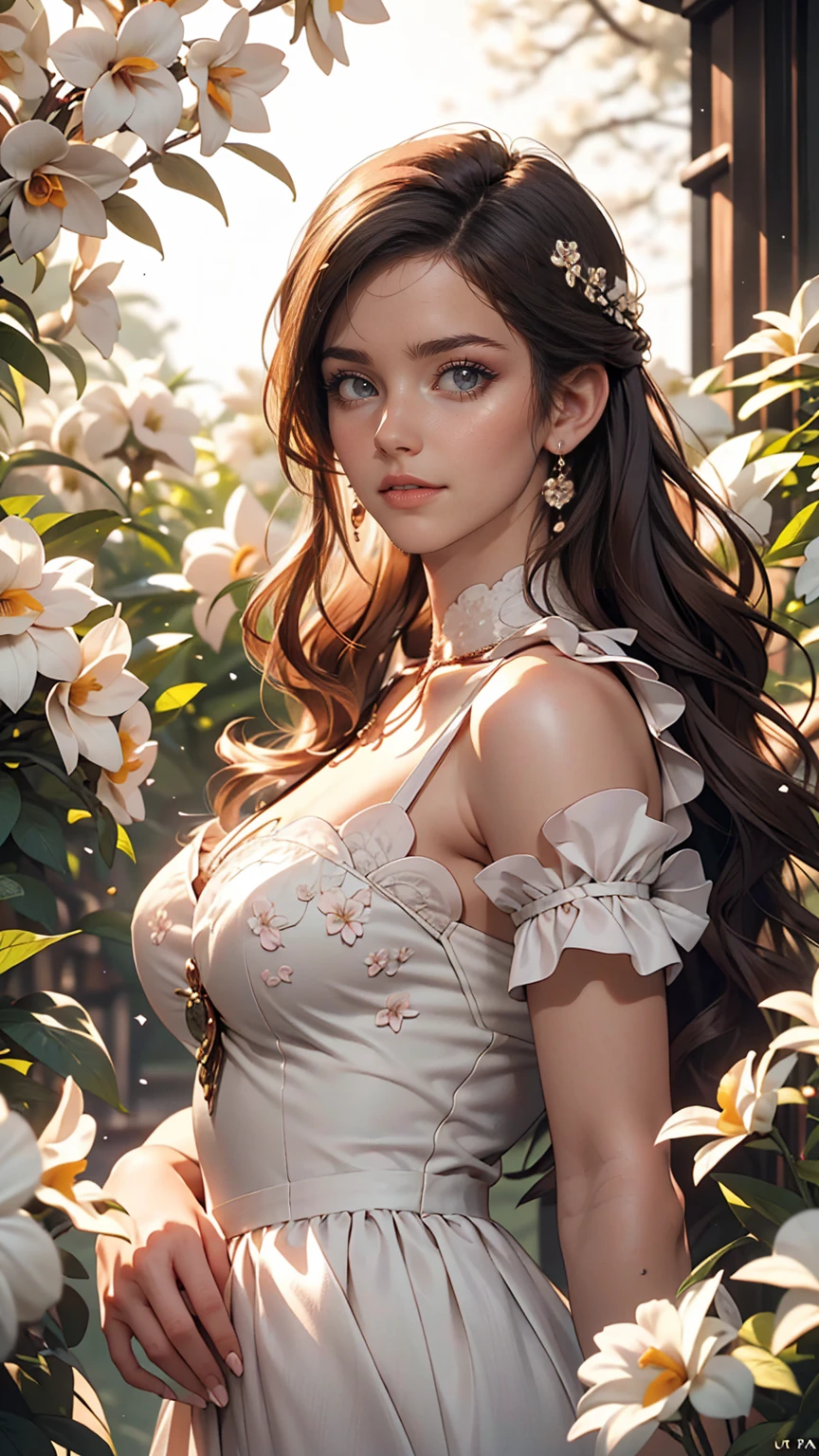 Better Quality,4K,8k,High resolution,Master Parts:1.2),Ultra-detailed,(Realistic,Realistic,Photorealistic:1.37),Portraiture,woman,long flowing hair,Whitish iris,Hollow Gaze,Plump pink lips,White flowers bloom on the tips of her hair,Interesting appearance,Medium Shot,Black Dress.Long delicate legs