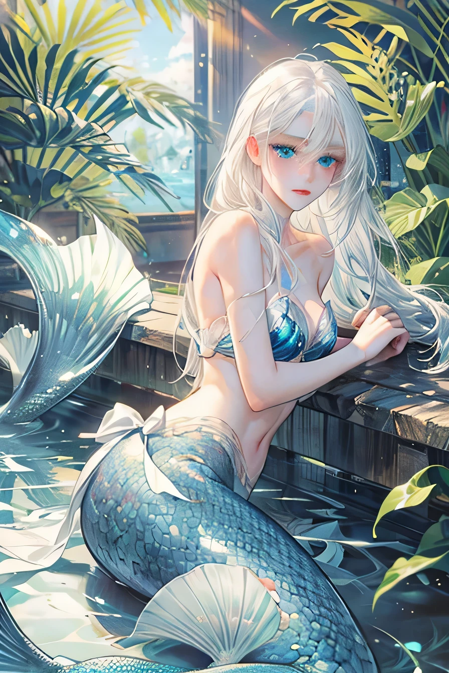 photo of beautiful siren, detailed blue eyes, detailed mermaid tail, white hair, innocent face, restore eyes.