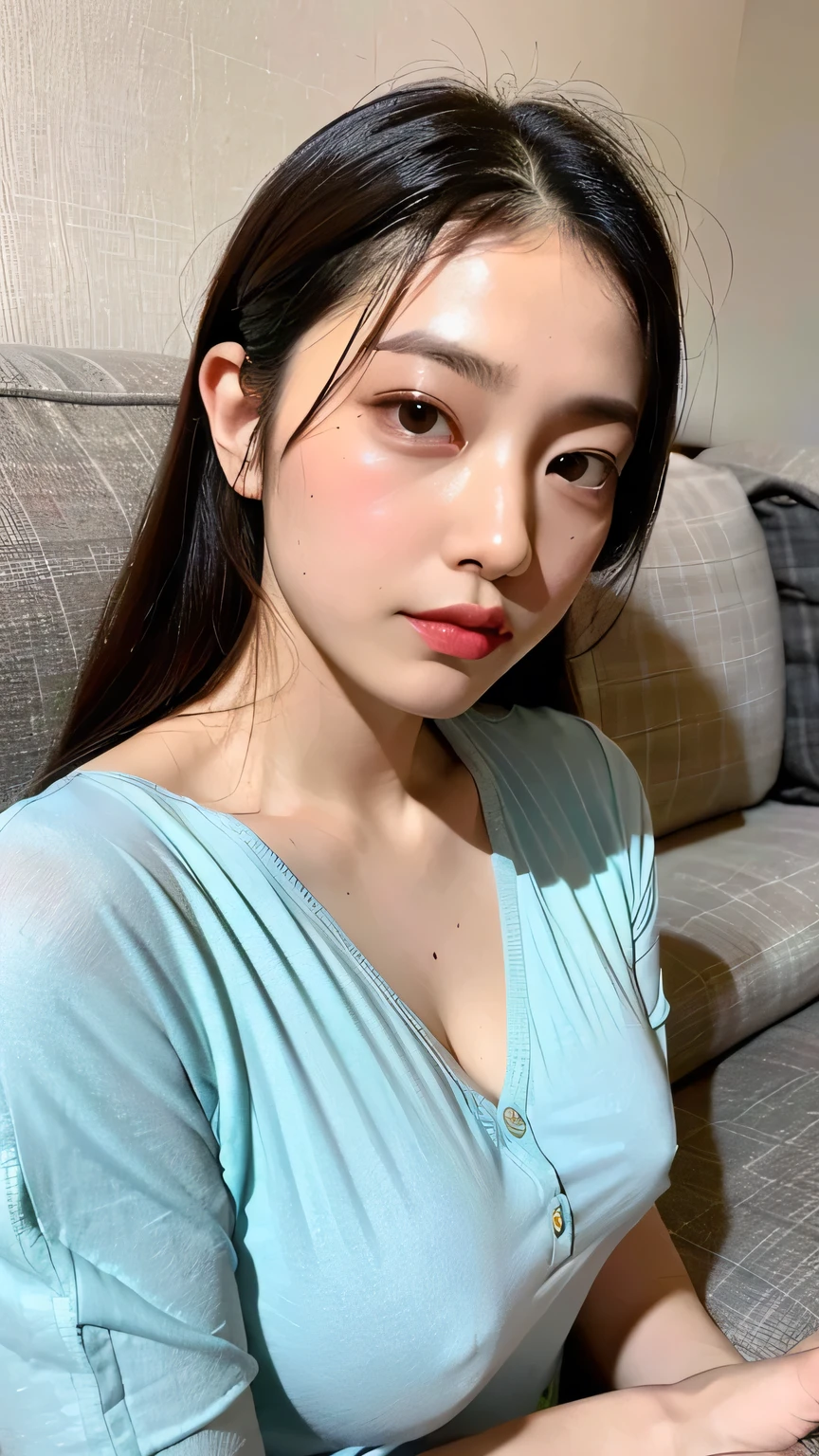 (highest quality, 8k, 32k, masterpiece, Ultra-high resolution:1.2),Beautiful Japanese Idol Photos,official, Very small breasts, Loose pajamas, View your viewers,((sofa,Serious face,)),mole,Dimples,