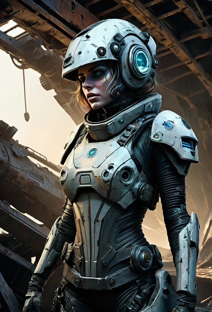 A stranded female Cyborg Soldier in an abandoned Battle Starship Shipwreck, dystopian futuristic scene, realistic style in Don Lawrence brush stroke, oil on canvas, octane render with dramatic lighting and strong shadows, her clothing is tattered and worn out, she has a scar or battle wound, she is wearing a futuristic helmet or visor, she has mechanical enhancements like cybernetic eyes, the shipwreck environment feels eerie and desolate, there is some broken machinery or equipment around her, and her expression is determined and battle-worn