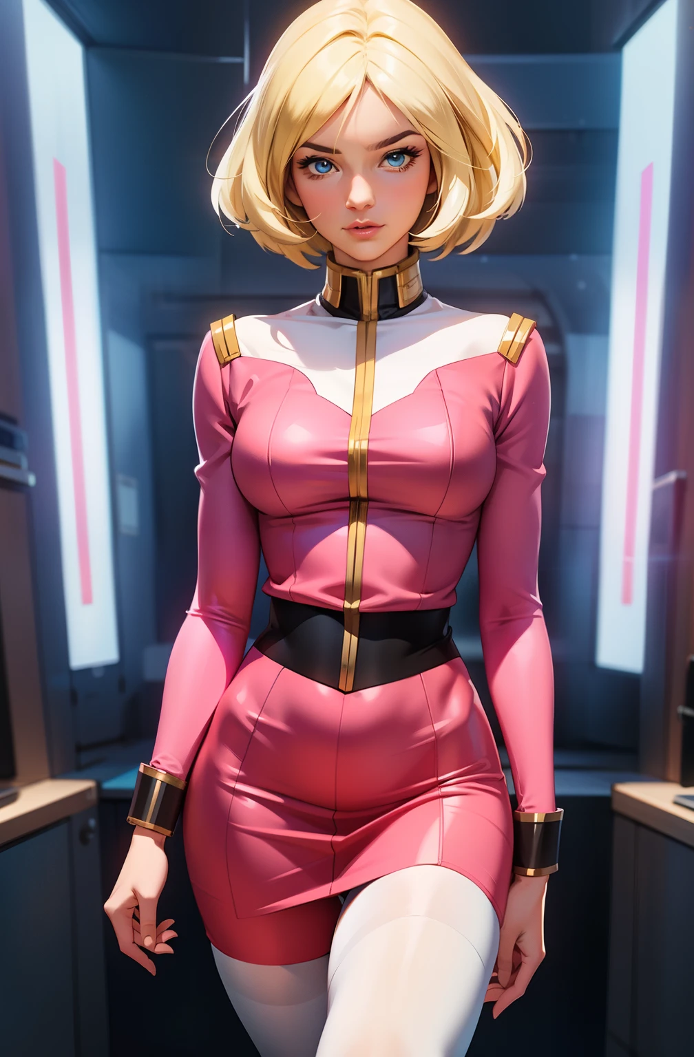 ((masterpiece)), ((cinematic lighting)), realistic photo、Real Images、Top image quality、1girl in, sayla mass, Elegant, masterpiece, Convoluted, slim arms, wide hips, thick thighs, thigh gaps, Best Quality, absurderes, high face detail, Perfect eyes, mature, Cowboy Shot, , Vibrant colors, soft pink uniform, soft pink Skirt, white tights