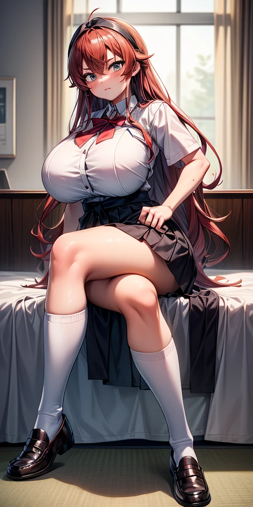 (masterpiece, best quality, ultra detailed, absurdness)1.5, 1girl Eris Boreas Greyrat (sexy, beautiful woman, perfect face, perfect eyes, perfect female body, huge breasts)1.5 (Japanese , skirt, brown schoolgirl shoes, long white socks, [knee socks thigh] loafers, long messy hair, big hair) (sitting on bed, crossed legs, inside a hospital), perfect lighting, smooth