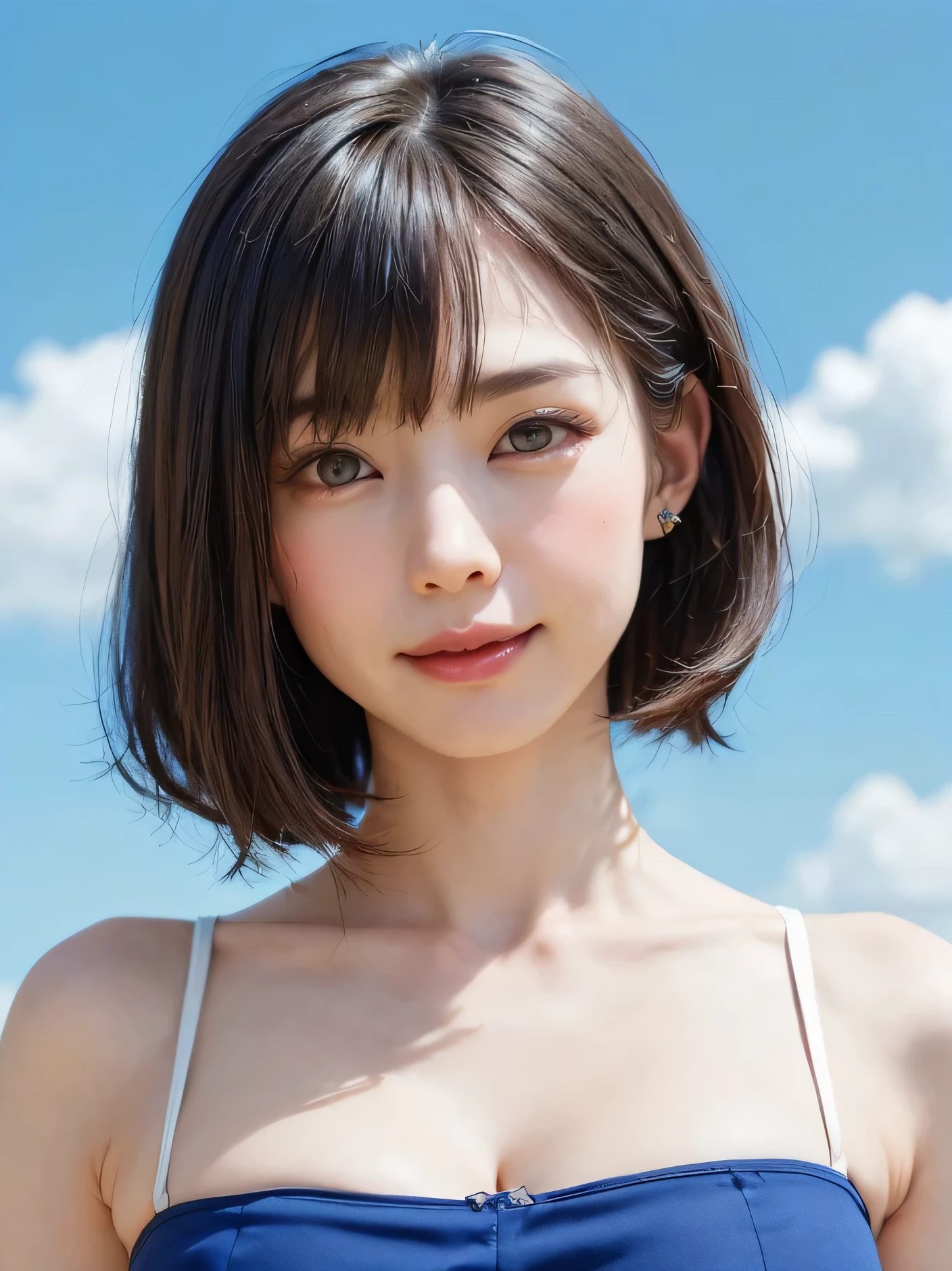 (Masterpiece:1.8, highest quality:1.8),1 girl, alone:2, hyper Realistic, Realistic,Realistic, Watch the audience closely, Light brown eyes:1.8,Brunette Short Bob Hair with highly detailed shiny hair, Dress up to feel the fashionable spring:1.4, Lepangas:1.4), Mouth closed, Upper Body、big chest eye、eyelash、{Huge|big chest|Huge|Mega} whole :2, Chest cleavage:2、(((Add highlights to the eyes:1.6、big chest eye、Short Bob Hair、Beautiful white glossy skin:1.4、She is very 美しい and cute、Show me your ears、Beautiful long neck、smile、Close your mouth and smile、Bangs and beautiful teeth)))、Ideal body type、((Beautiful blue sky background:2、 Blue sky background with beautiful clouds:2、Gradient blue sky background:2))、Beautiful long neck:1.4、(({Huge|big|Huge|Mega} chest, Chest cleavage:2))、(((Portraiture:2、Face close-up:2、Face close-up:2、Dutch angle shot、dramatic angle)))、Perfect Anatomy