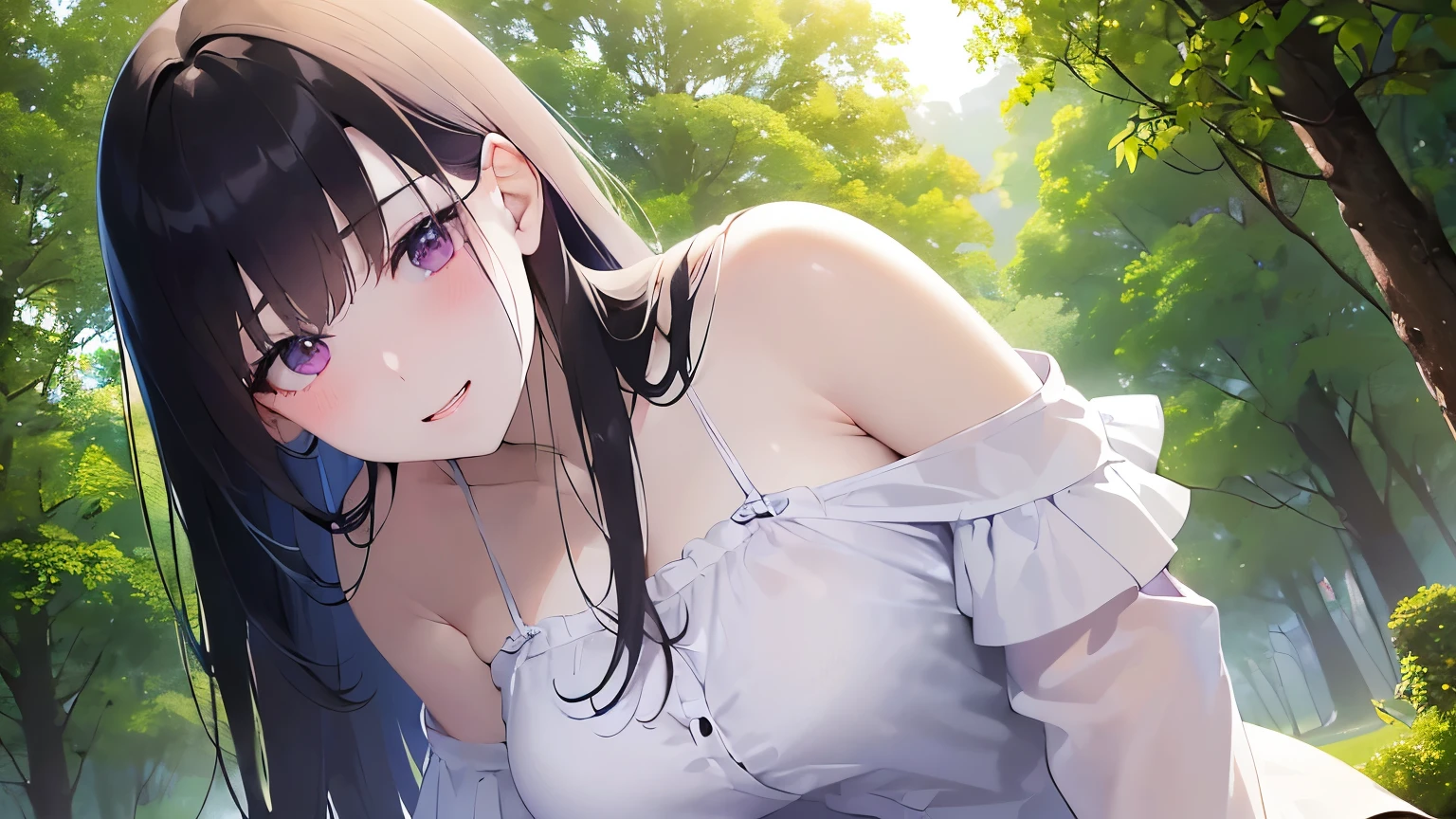 leaning forward, upper body, Realistic, real person, (pale skin: 1.2), (RAW photo:1.5), photorealistic, shiny skin, shiny hair、(A 25-year-old woman with straight hair and bangs) and (medium hair) and (black hair) and (purple eyes), (white:1.5) and (off shoulder blouse:1.2), (embarrassed, blush:1.2), smile, The background is a park、alone、