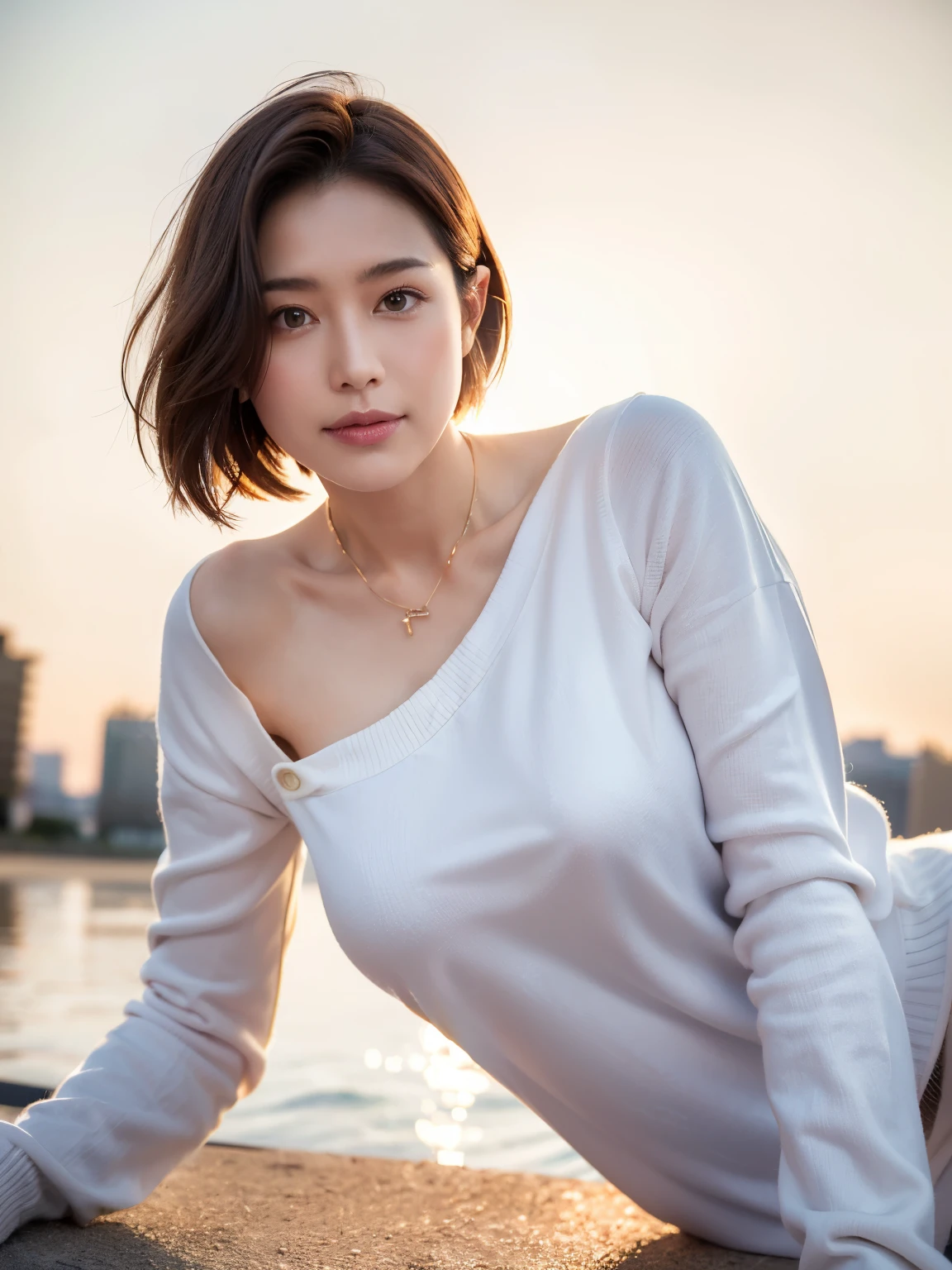 (highest quality, 8k, 32k, masterpiece, Ultra-high resolution:1.2),Beautiful Japanese Women Photos, Large Breasts, Very short bob hair,whole body,White sweater, necklace, Simple Background, View your viewers,smile、(Italy:1.2)、(Rome:1.5)、(Spanish Steps:1.4)、(Illuminated by the morning sun:1.4)