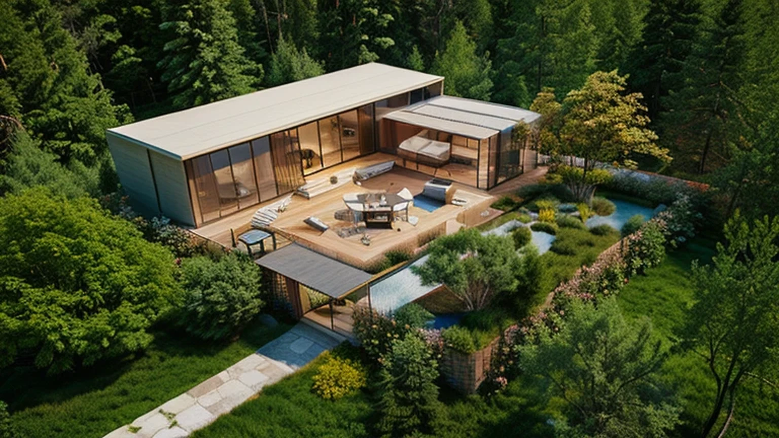 Modern house in the forest renderings,One-story building,Adobe house,Chinese Garden,Small courtyard,lantern, Concept House, Spell Rendering, detailed renderings, Rendering, Award-winning digital rendering, Building Renderinging, High quality rendering, Brightness Rendering, luxcore Rendering, Fully detailed rendering, Modern house in the woods, Brightness Renderinging, outdoor filming, wide angle panorama, Building Rendering