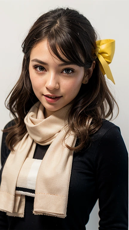 km, 1girl, ascot, blush, bow, brown eyes, brown hair, hair bow, hair tubes, japanese clothes, long hair, mittens, nontraditional miko, one-hour drawing challenge, open mouth, portrait, red bow, red mittens, scarf, sidelocks, simple background, solo, white background, yellow ascot, yellow scarf
