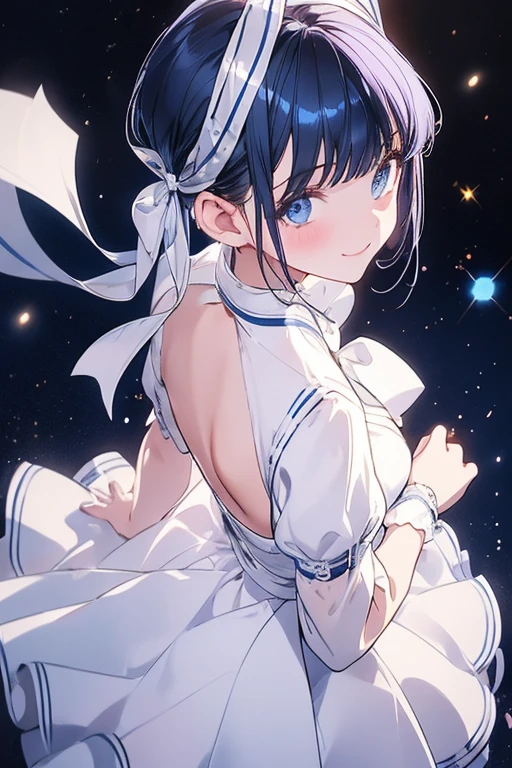 (One girl), (alone), (Focus on women), Focus on the face, blue eyes, navy hair, short hair, white one side hair ribbon, shiny skin, cowboy shot, blunt parted bangs, 1ahoge, standing, shy,idol dress,seductive smile, make out,POV,from behind,from above,