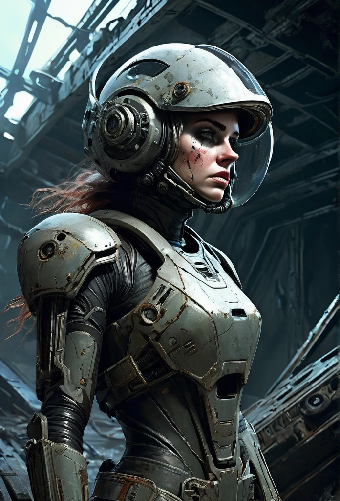 A stranded female Cyborg Soldier in an abandoned Battle Starship Shipwreck, dystopian futuristic scene, realistic style in Don Lawrence brush stroke, oil on canvas, octane render with dramatic lighting and strong shadows, her clothing is tattered and worn out, she has a scar or battle wound, she is wearing a futuristic helmet or visor, she has mechanical enhancements like cybernetic eyes, the shipwreck environment feels eerie and desolate, there is some broken machinery or equipment around her, and her expression is determined and battle-worn