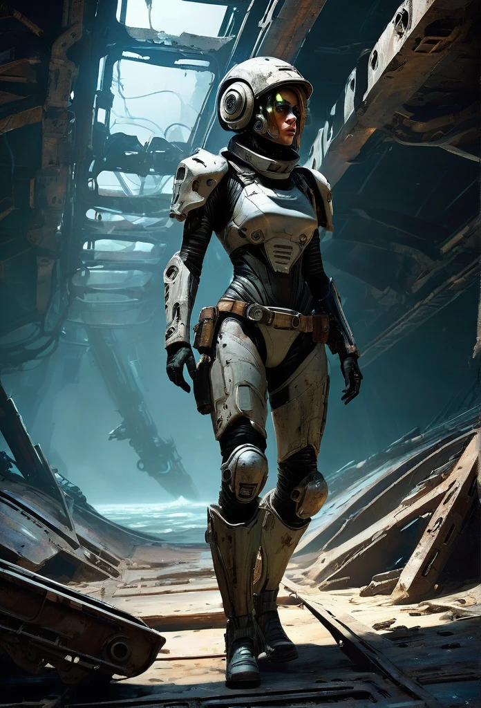 A stranded female Cyborg Soldier in an abandoned Battle Starship Shipwreck, dystopian futuristic scene, realistic style in Don Lawrence brush stroke, oil on canvas, octane render with dramatic lighting and strong shadows, her clothing is tattered and worn out, she has a scar or battle wound, she is wearing a futuristic helmet or visor, she has mechanical enhancements like cybernetic eyes, the shipwreck environment feels eerie and desolate, there is some broken machinery or equipment around her, and her expression is determined and battle-worn