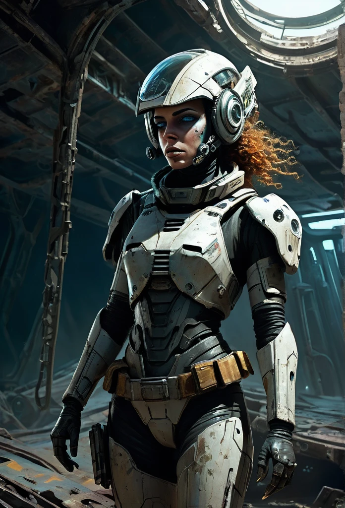 A stranded female Cyborg Soldier in an abandoned Battle Starship Shipwreck, dystopian futuristic scene, realistic style in Don Lawrence brush stroke, oil on canvas, octane render with dramatic lighting and strong shadows, her clothing is tattered and worn out, she has a scar or battle wound, she is wearing a futuristic helmet or visor, she has mechanical enhancements like cybernetic eyes, the shipwreck environment feels eerie and desolate, there is some broken machinery or equipment around her, and her expression is determined and battle-worn
