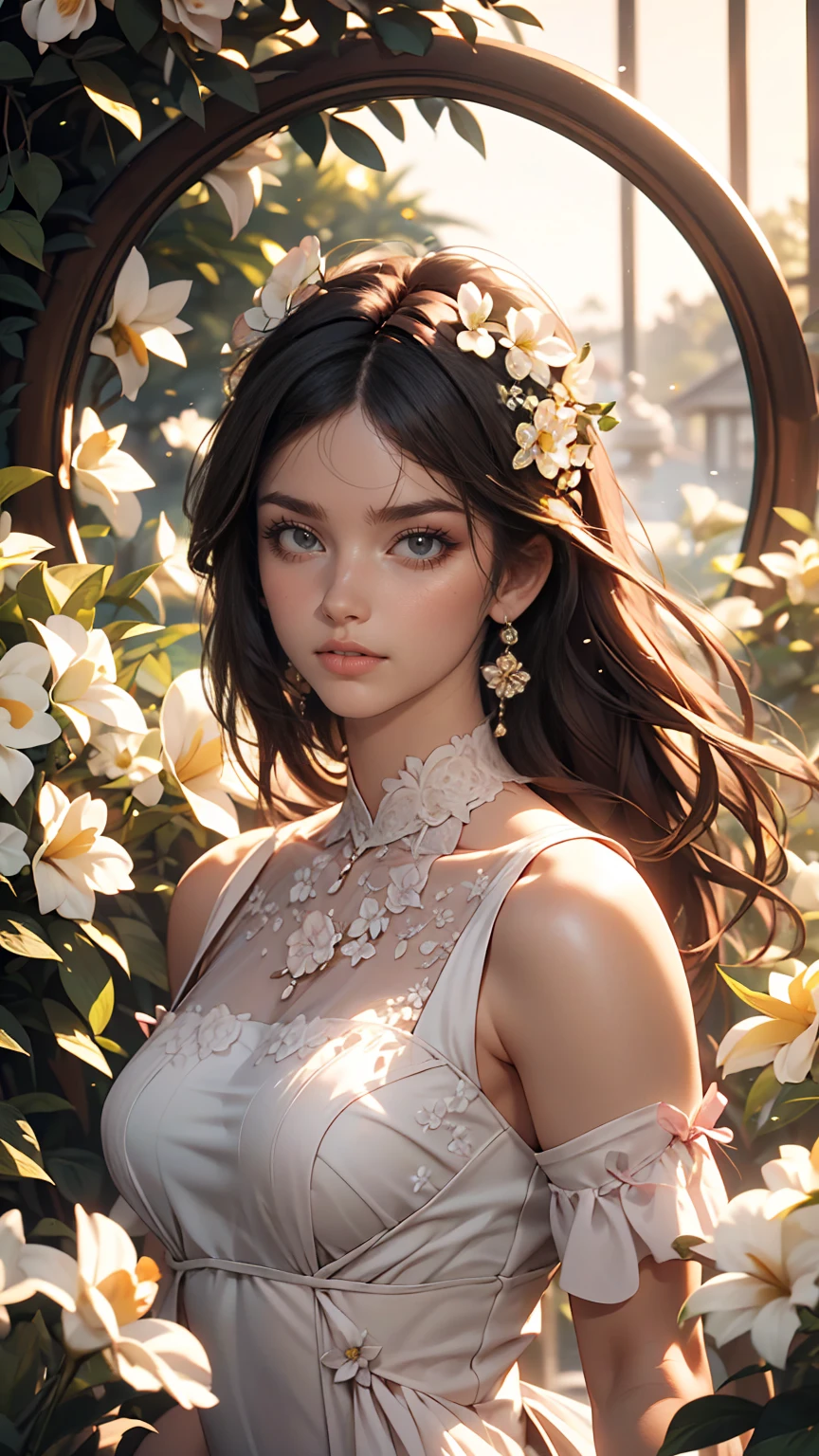 Better Quality,4K,8k,High resolution,Master Parts:1.2),Ultra-detailed,(Realistic,Realistic,Photorealistic:1.37),Portraiture,woman,long flowing hair,Whitish iris,Hollow Gaze,Plump pink lips,White flowers bloom on the tips of her hair,Interesting appearance,Medium Shot,Black Dress.Long delicate legs