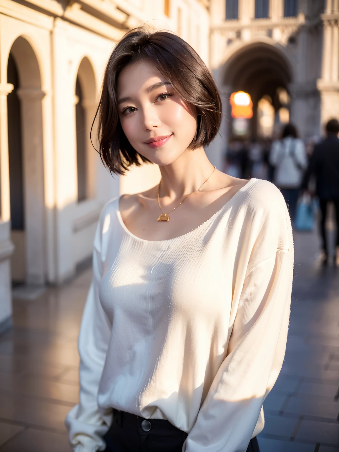 (highest quality, 8k, 32k, masterpiece, Ultra-high resolution:1.2),Beautiful Japanese Women Photos, Large Breasts, Very short bob hair,whole body,White sweater, necklace, Simple Background,  View your viewers,smile、（Italy:1.2）、（Venice:1.5）、（St. Mark's Square:1.4）、（Illuminated by the morning sun：1.4）