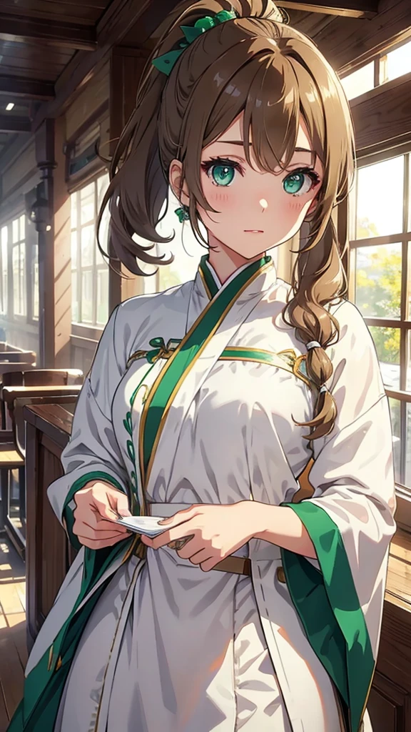 Light brown hair and a ponytail、Young woman in fantasy white costume、Green Eyes
