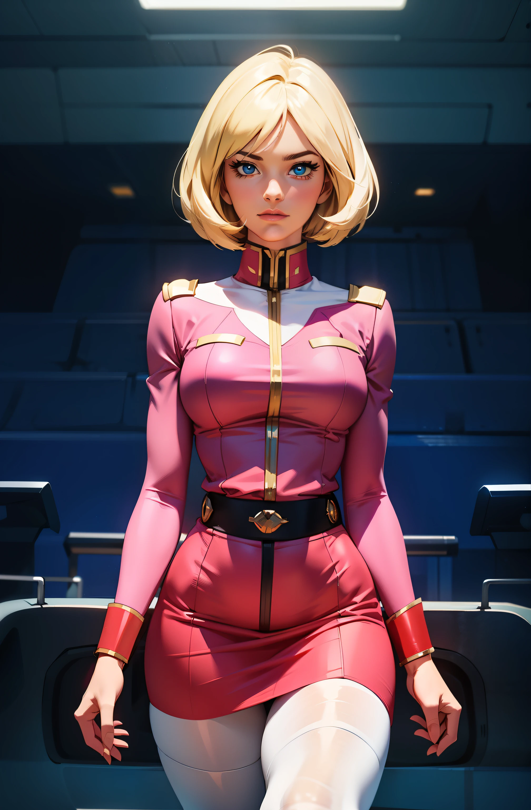((masterpiece)), ((cinematic lighting)), realistic photo、Real Images、Top image quality、1girl in, sayla mass, Elegant, masterpiece, Convoluted, slim arms, wide hips, thick thighs, thigh gaps, Best Quality, absurderes, high face detail, Perfect eyes, mature, Cowboy Shot, , Vibrant colors, soft pink uniform, soft pink Skirt, white tights