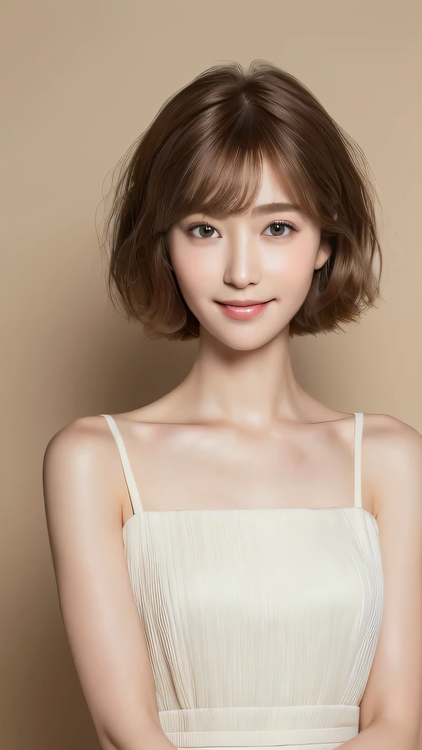 ((highest quality, 8k, masterpiece: 1.3)), 1 girl, Japanese Mature,The beauty of slim abs: 1.3, (Hairstyle Brown Hair Short Cut, big: 1.2), dress: 1.1, Super slender face, Delicate eyes, double eyelid, smile, Home, RAW Photos