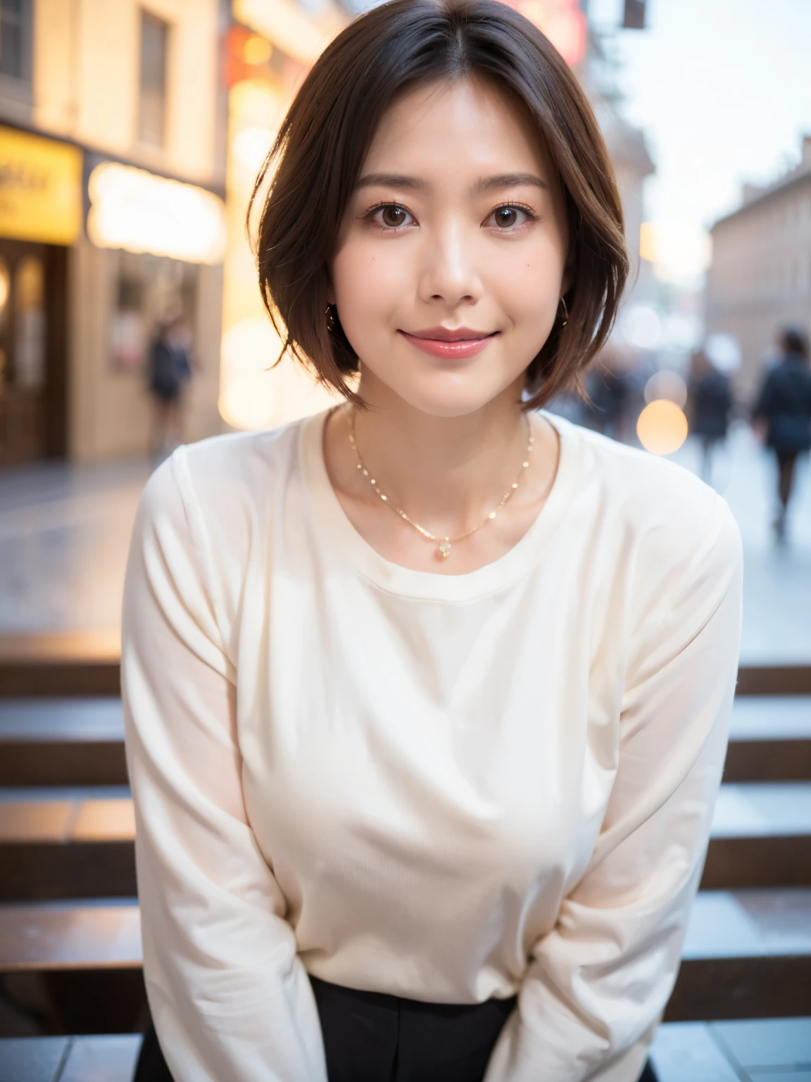 (highest quality, 8k, 32k, masterpiece, Ultra-high resolution:1.2),Beautiful Japanese Women Photos, Large Breasts, Very short bob hair,whole body,White sweater, necklace, Simple Background, View your viewers,smile、(Italy:1.2)、(Rome:1.5)、(Spanish Steps:1.4)、(Illuminated by the morning sun:1.4)