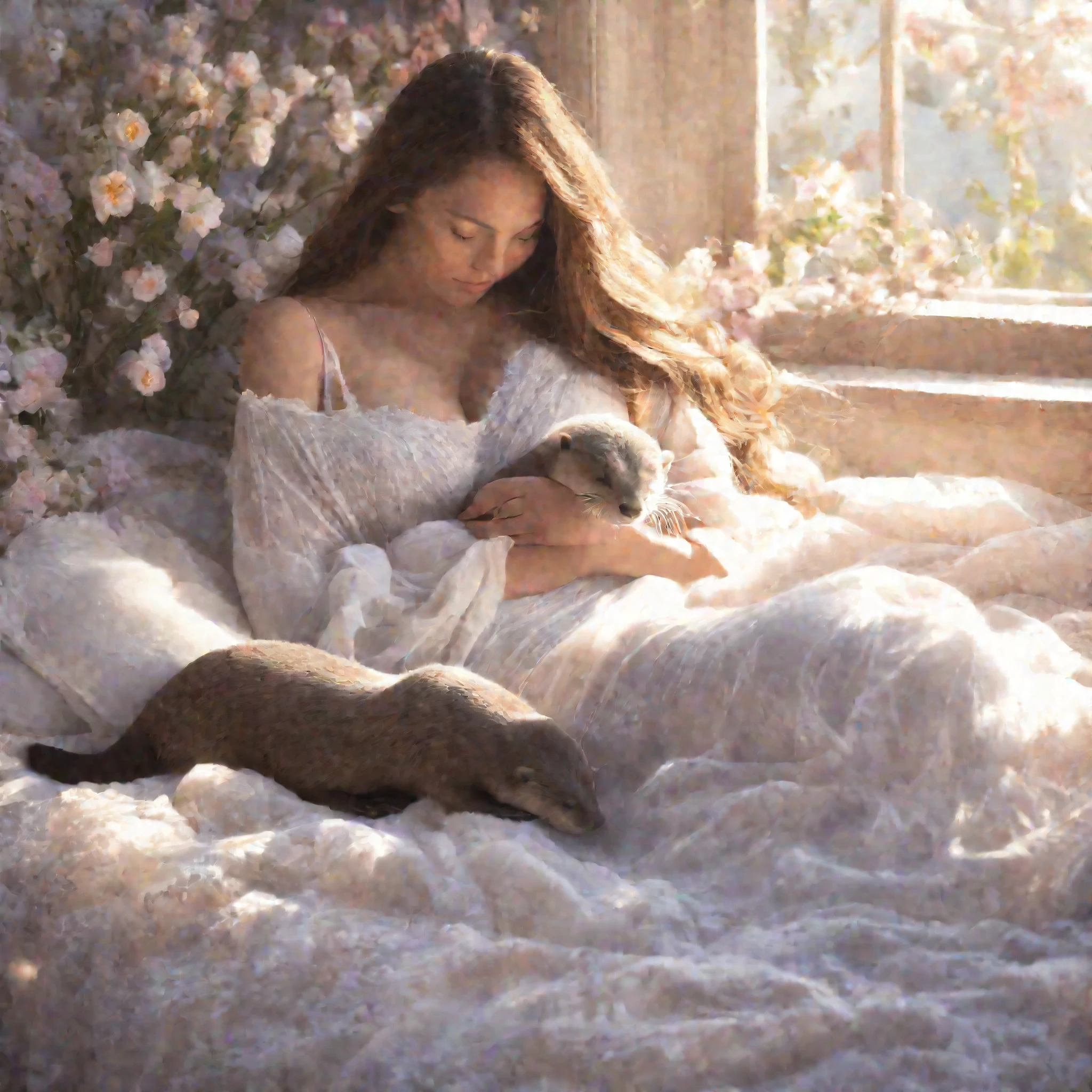 (best quality,highres),woman (fast asleep,peacefully),sheer night gown,beautiful peaceful face,long wavy hair,serene atmosphere,soft light,vibrant flower-filled bedroom,comfortable bed,plush pillows and blankets,fragrant flowers,delicate petals,soft color palette,gentle breeze,tranquil music playing in the background,open windows letting in moonlight,dreamy ambiance,calm and relaxing environment,blissful dreams,endearing otter,playful creature,cute and cuddly features,curled up between her breasts,snuggling in warmth and comfort,sleeping peacefully,gentle touch,warmth of her body,deep bond between woman and otter,harmony between nature and human,peaceful coexistence,tranquil and surreal scene,heartwarming connection.