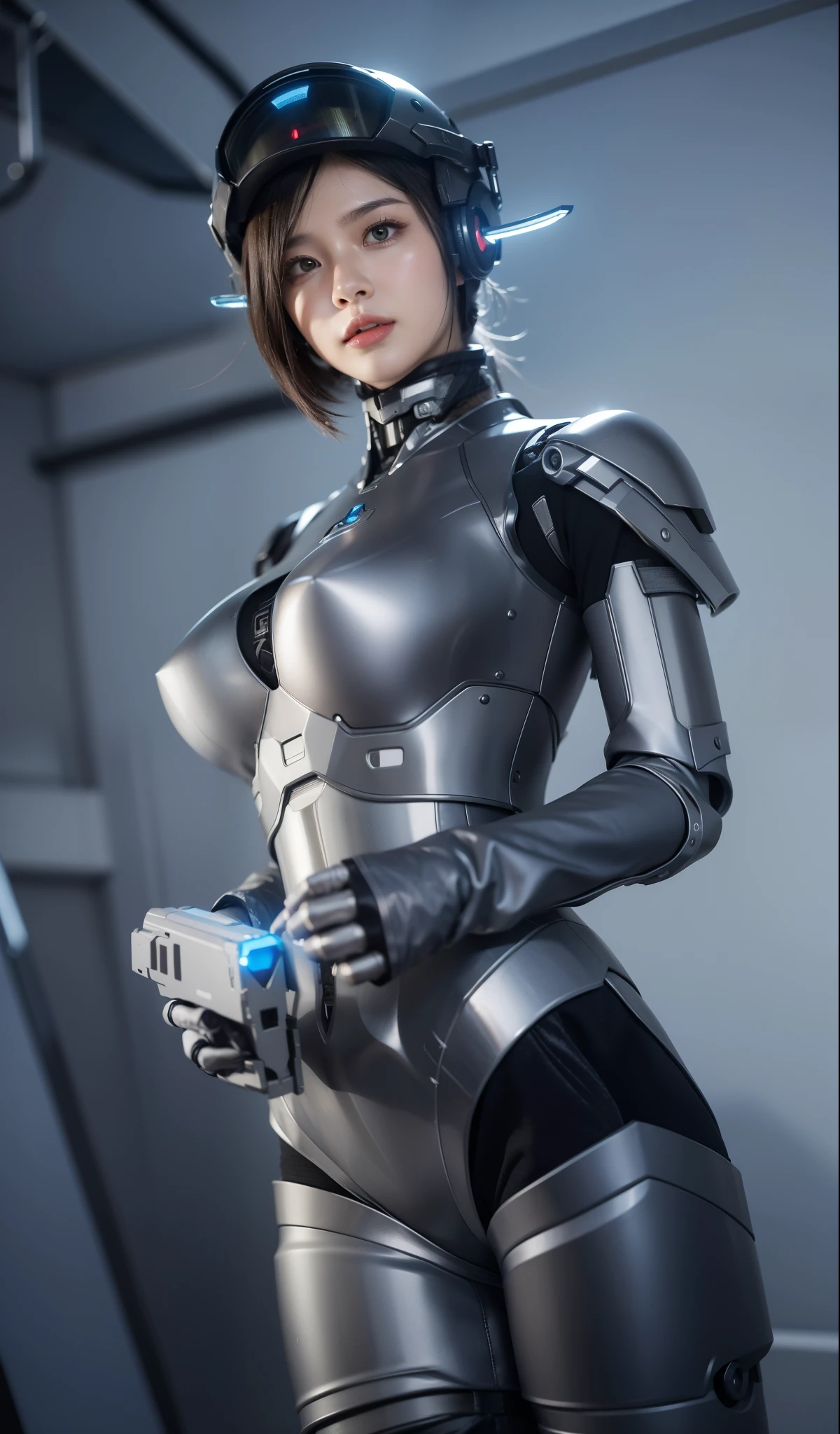 Futuristic high-tech style,best quality,Fairy Skin,(every time :1.2),eternal,Ultra Detailed,Practical,high quality,Light,Light线追踪,Ultra HD,upper body, Future Iron Man Mech,shooting,Battery,Transmitter,Large caliber artillery,Rostlan 8K,Mecha Cyber Armored Girl,Wearing a cyberpunk technology helmet,Warframe Helmet,With breathing Light,The armor of the future shines,Armed Cannon,High-tech armor,helmet,breasts symmetrical,3D game modeling,Steel armor,Steel Arm,Mechanical gloves,Five fingers stretched out,Cyberpunk clear glass glasses(眼镜上有发Light显示器)