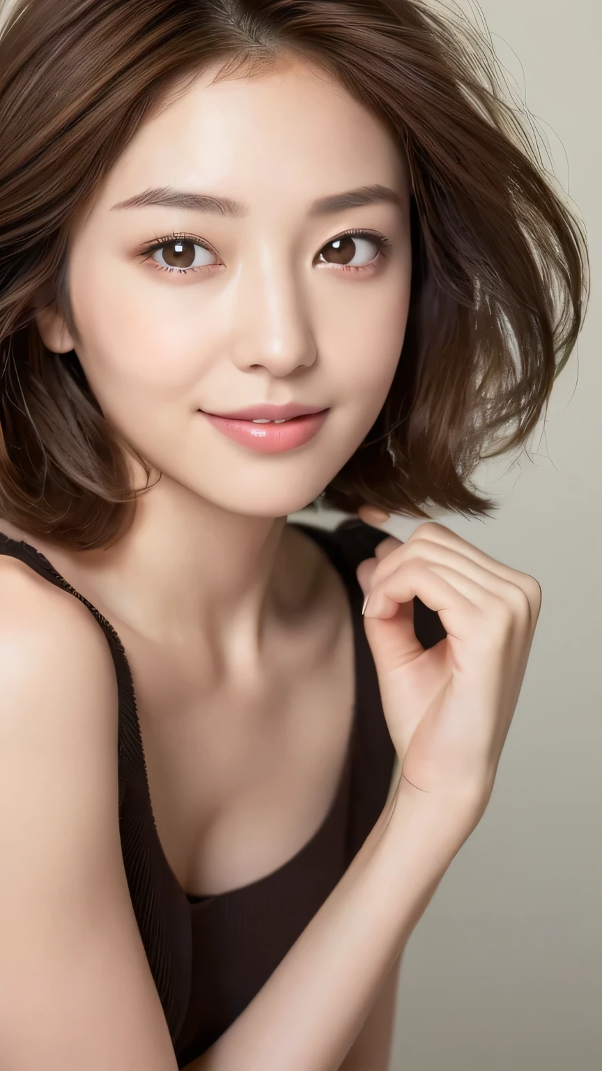 ((highest quality, 8k, masterpiece: 1.3)), 1 girl, Japanese Mature,The beauty of slim abs: 1.3, (Hairstyle Brown Hair Short Cut, big: 1.2), dress: 1.1, Super slender face, Delicate eyes, double eyelid, smile, Home, RAW Photos
